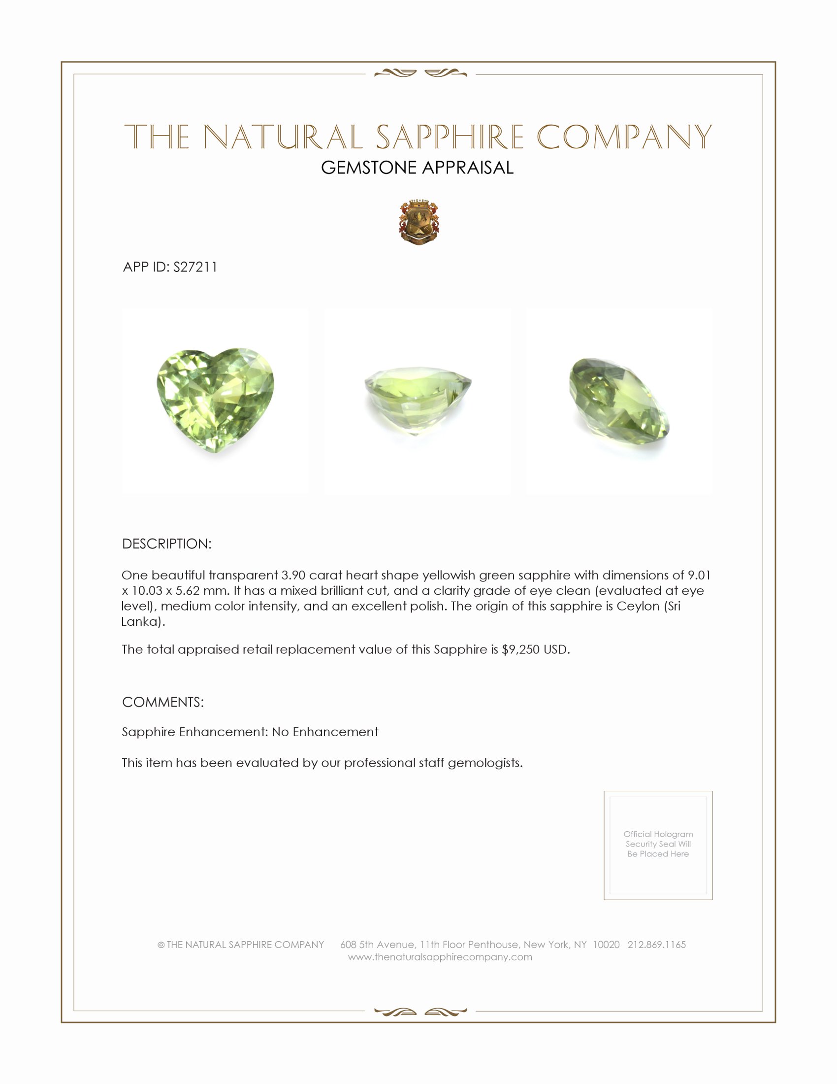 3.90 Ct. Yellowish Green Sapphire from Ceylon (Sri Lanka)