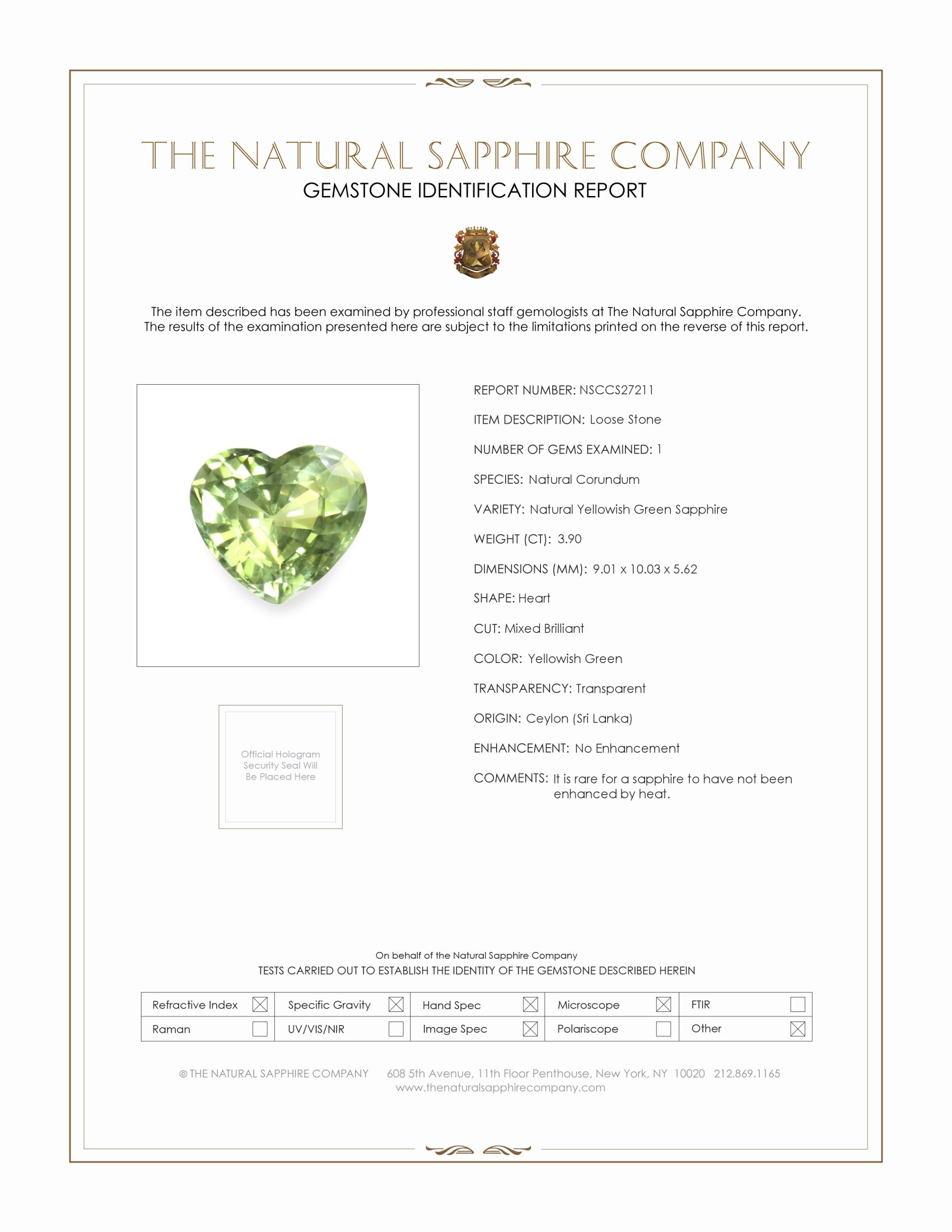 3.90 Ct. Yellowish Green Sapphire from Ceylon (Sri Lanka)