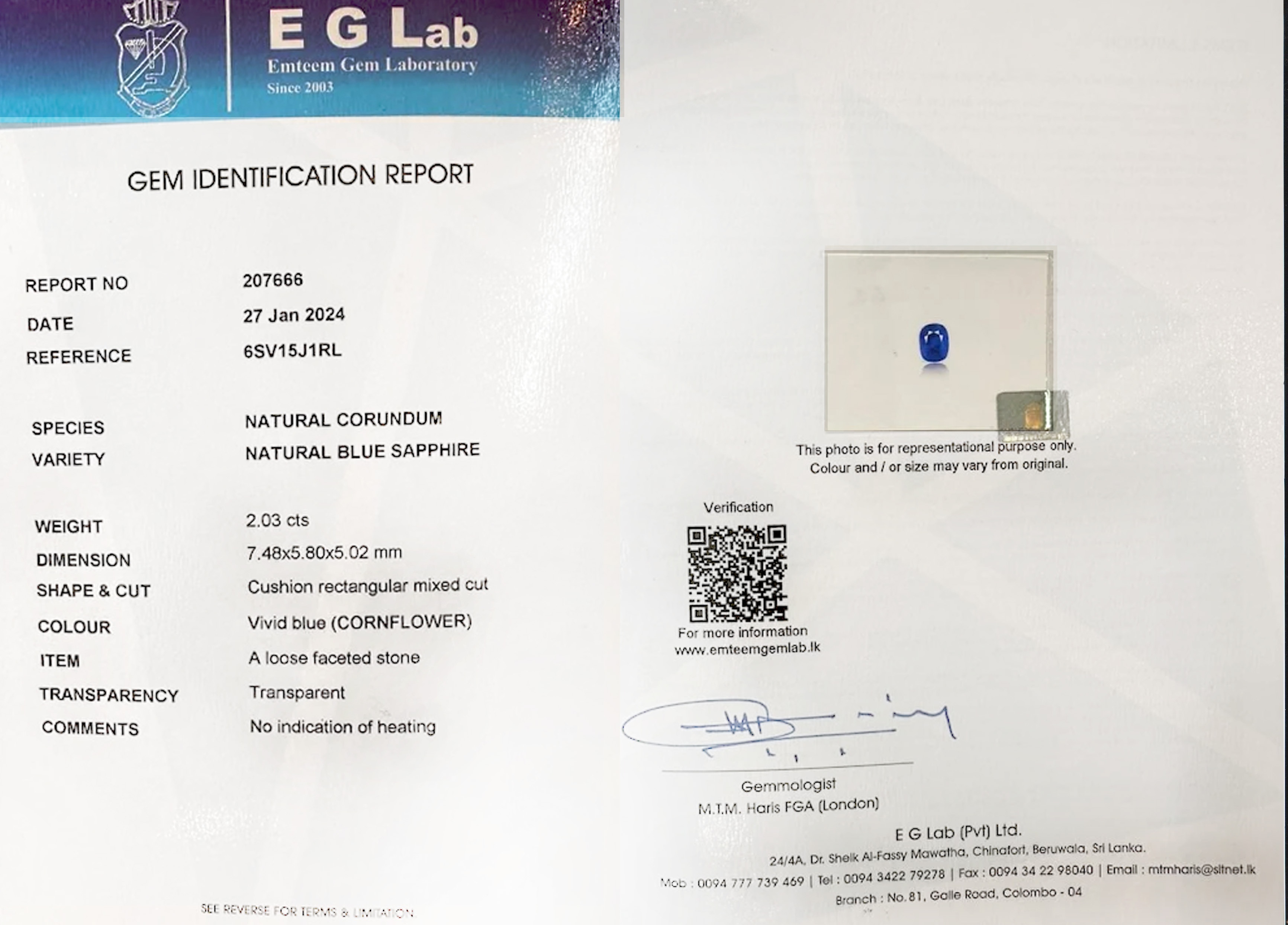 2.03 Ct. Blue Sapphire from Ceylon (Sri Lanka)