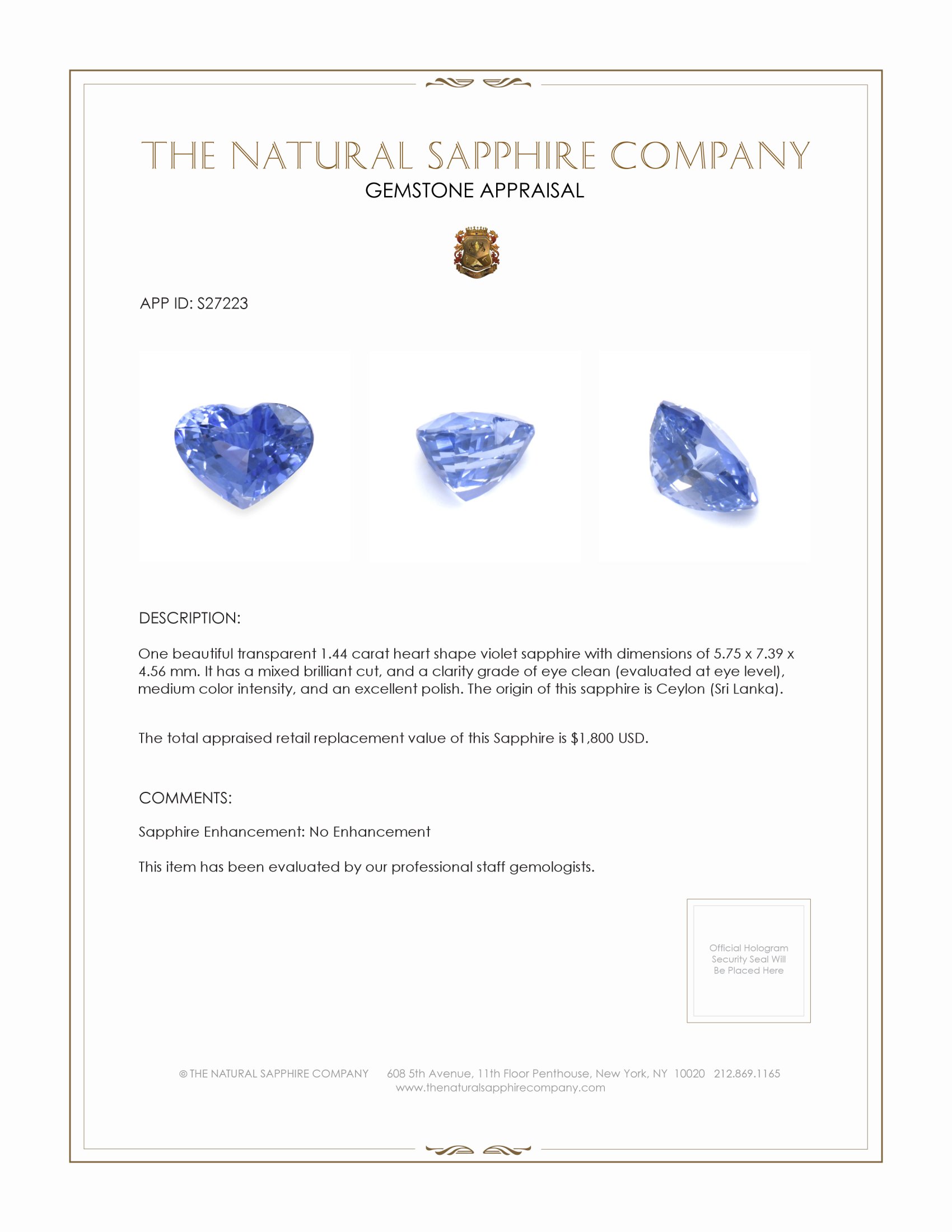 1.44 Ct. Violet Sapphire from Ceylon (Sri Lanka)