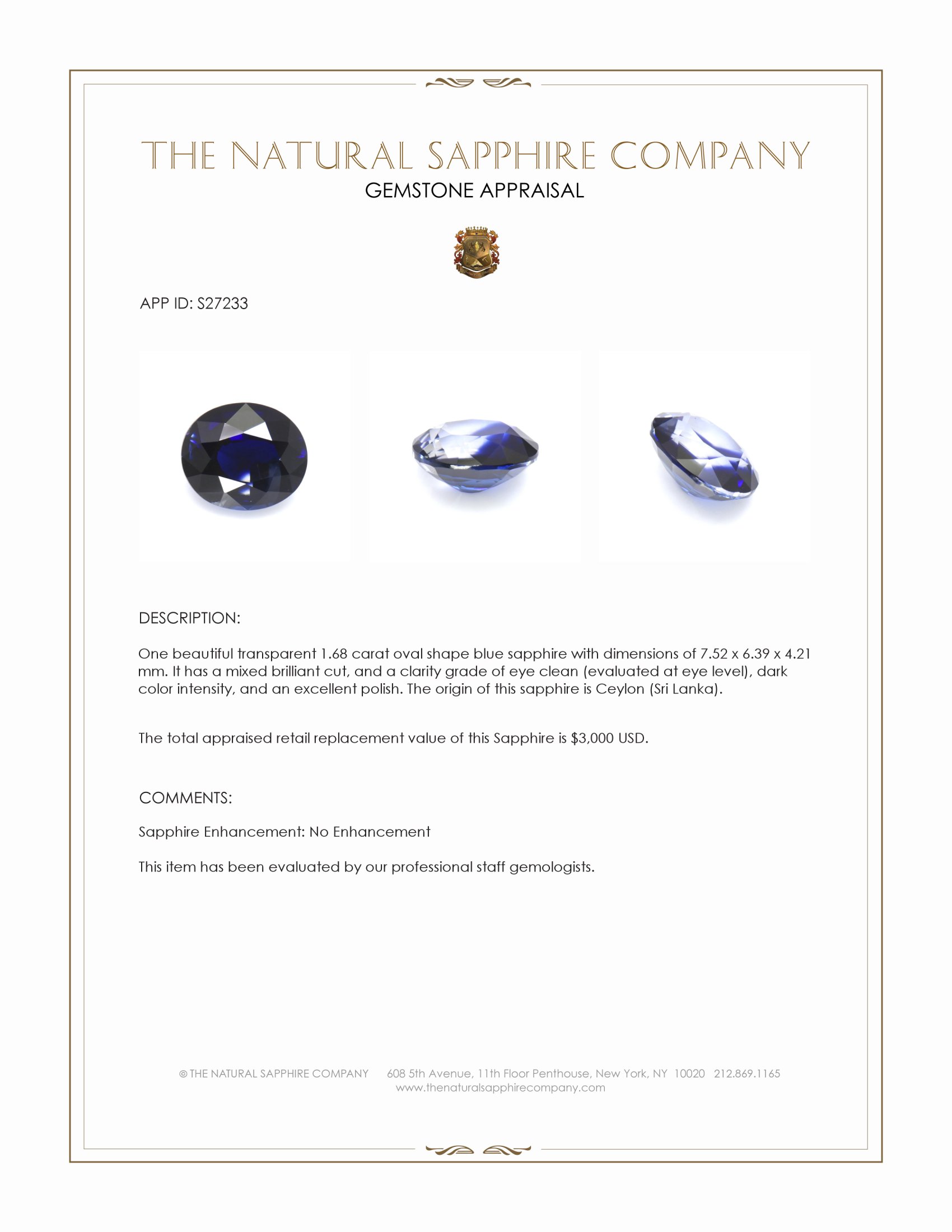 1.68 Ct. Blue Sapphire from Ceylon (Sri Lanka)