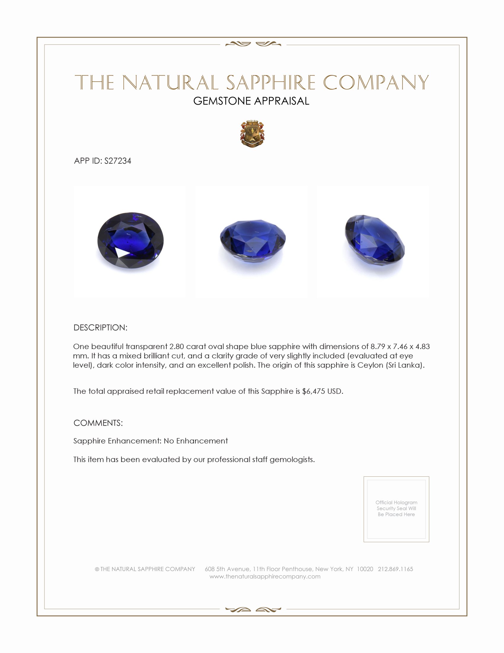 2.80 Ct. Blue Sapphire from Ceylon (Sri Lanka)