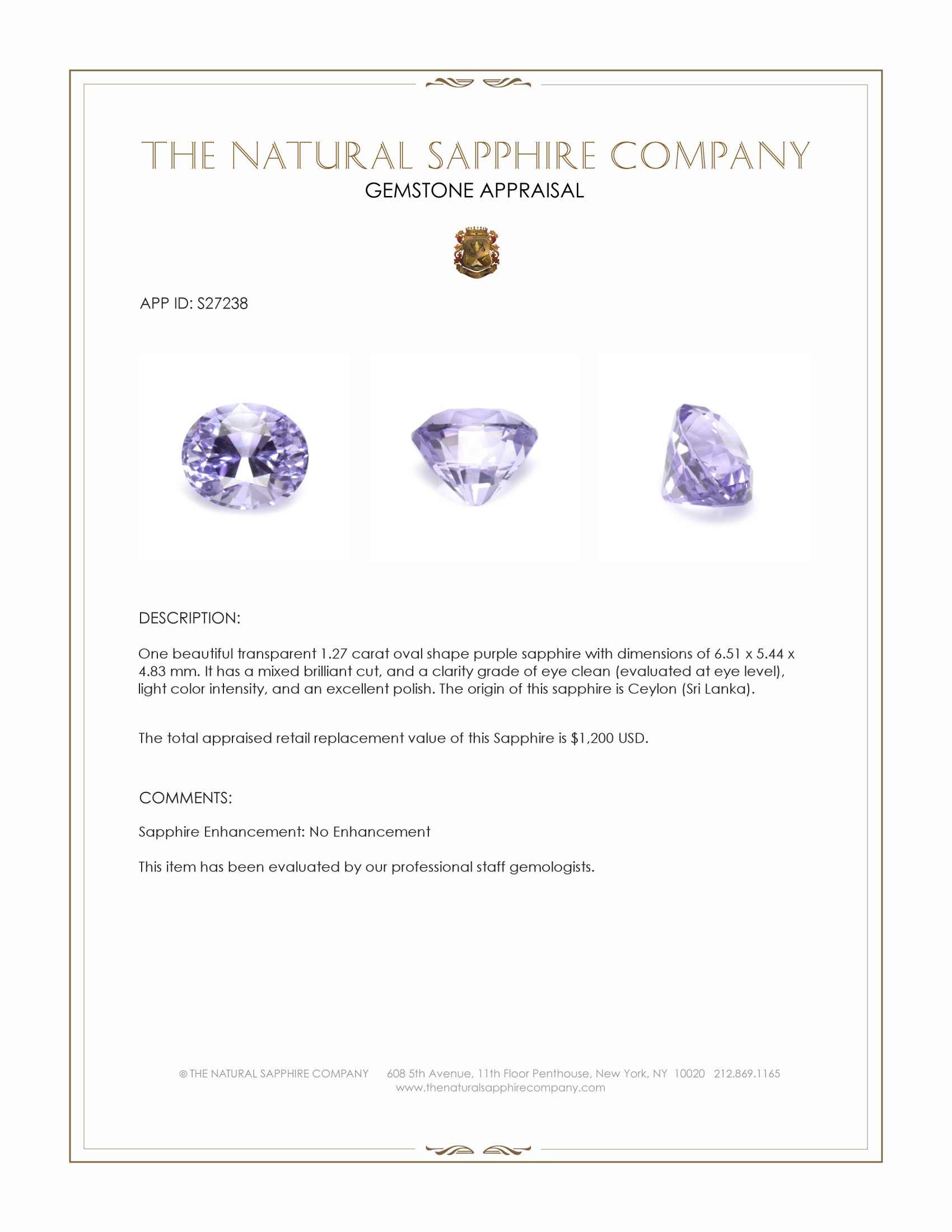 1.27 Ct. Purple Sapphire from Ceylon (Sri Lanka)