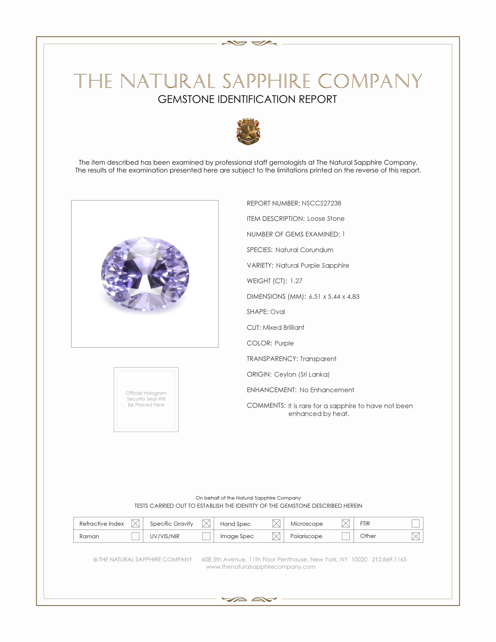 1.27 Ct. Purple Sapphire from Ceylon (Sri Lanka)