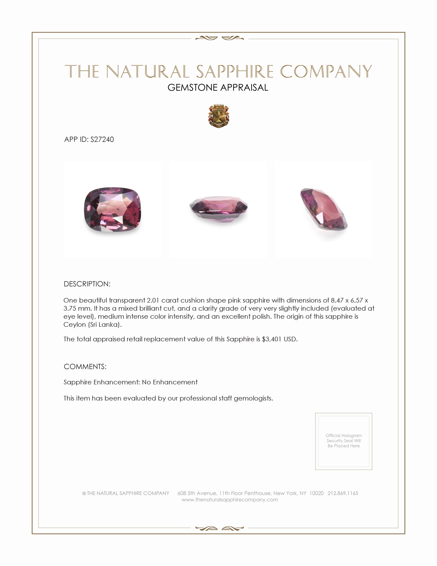 2.01 Ct. Reddish Purple Sapphire from Ceylon (Sri Lanka)