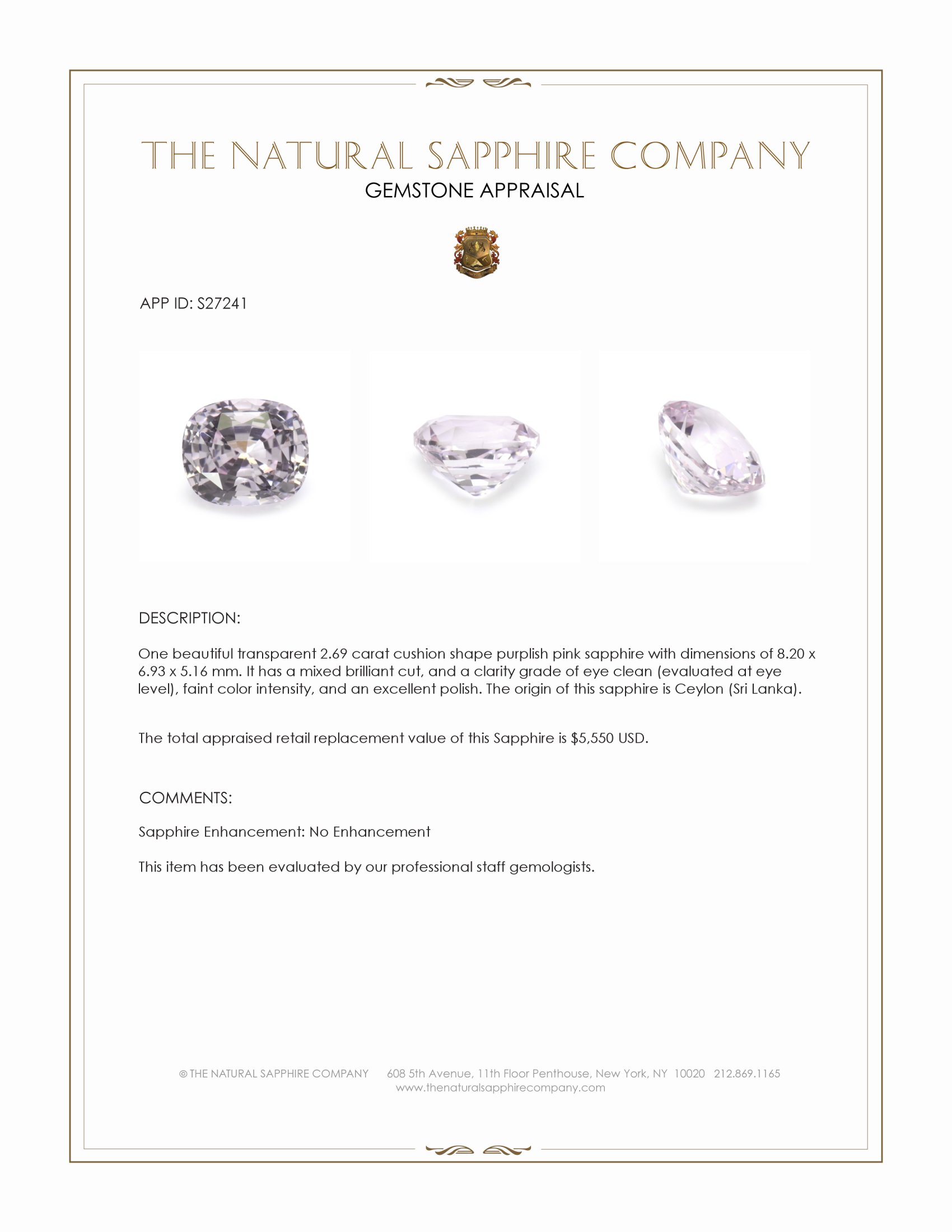 2.69 Ct. Purplish Pink Sapphire from Ceylon (Sri Lanka)