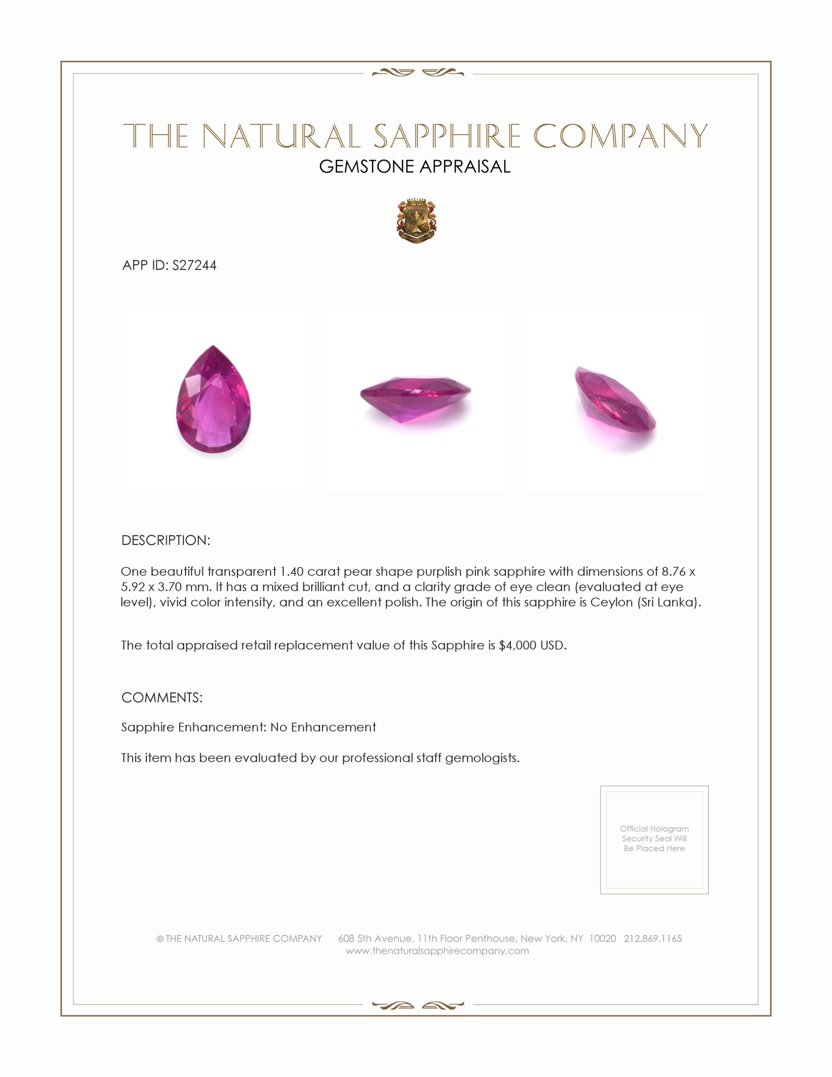 1.40 Ct. Purplish Pink Sapphire from Ceylon (Sri Lanka)