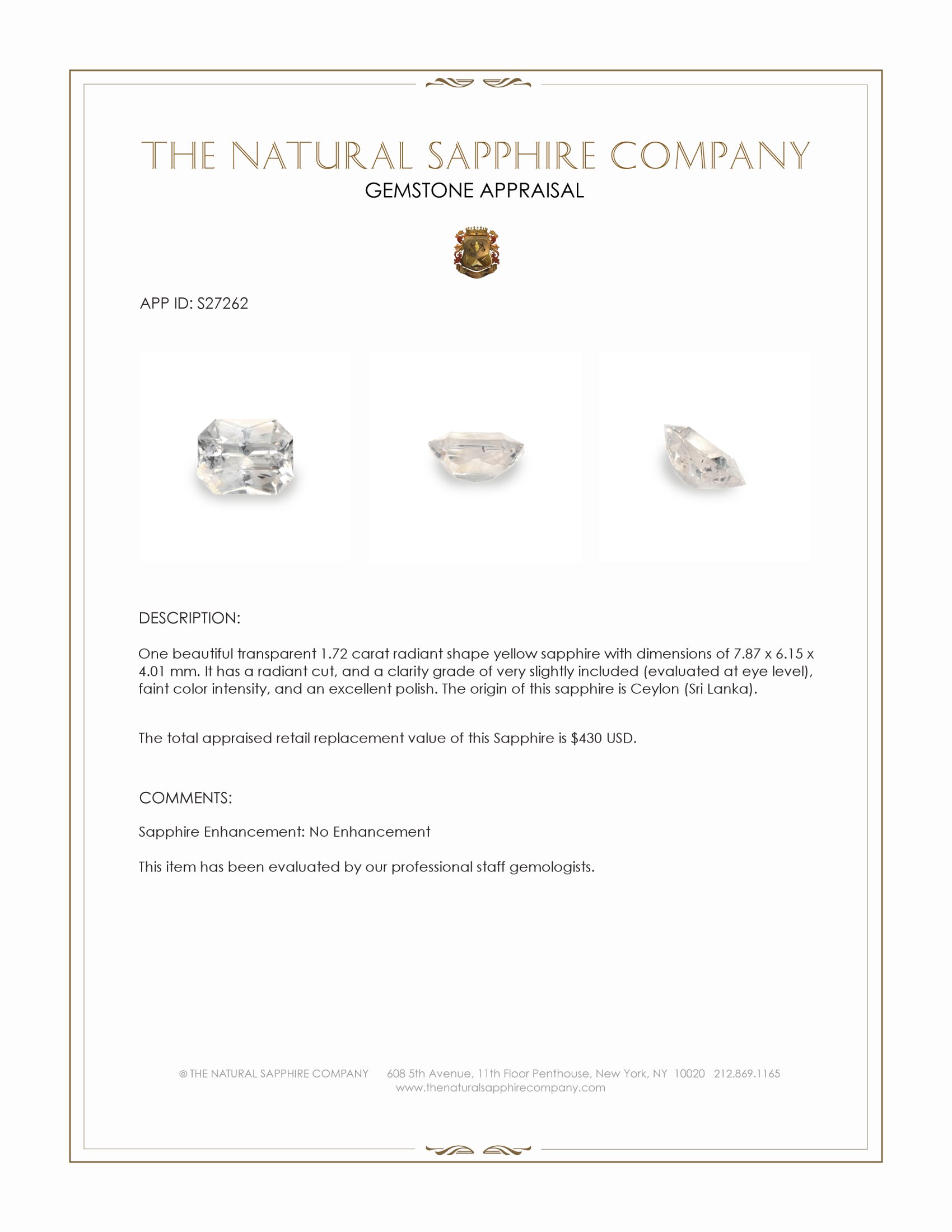 1.72 Ct. Yellow Sapphire from Ceylon (Sri Lanka)