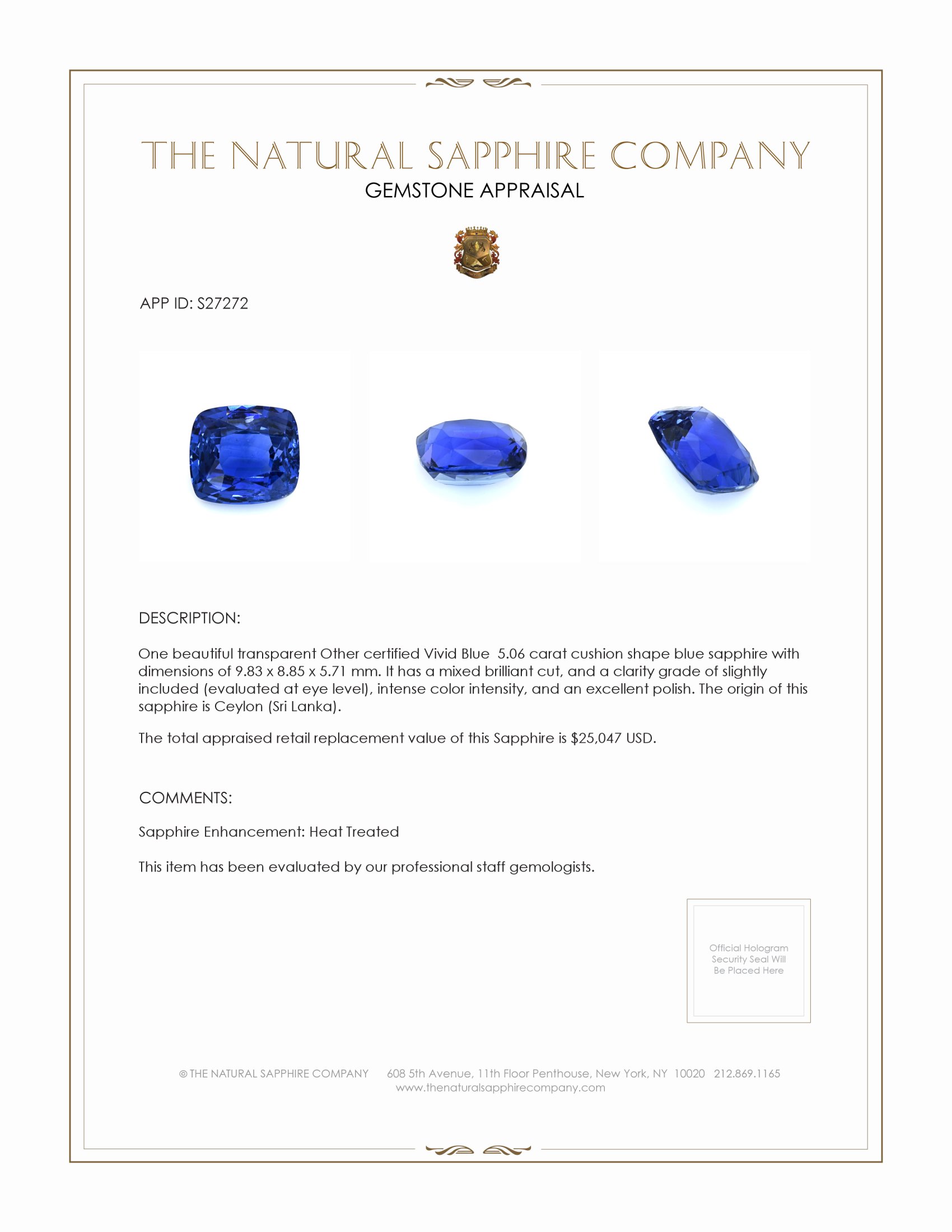 5.06 Ct. Blue Sapphire from Ceylon (Sri Lanka)