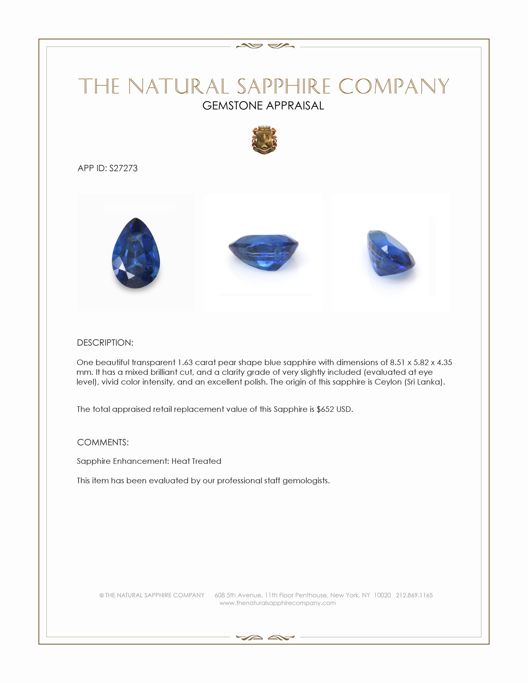 1.63 Ct. Blue Sapphire from Ceylon (Sri Lanka)