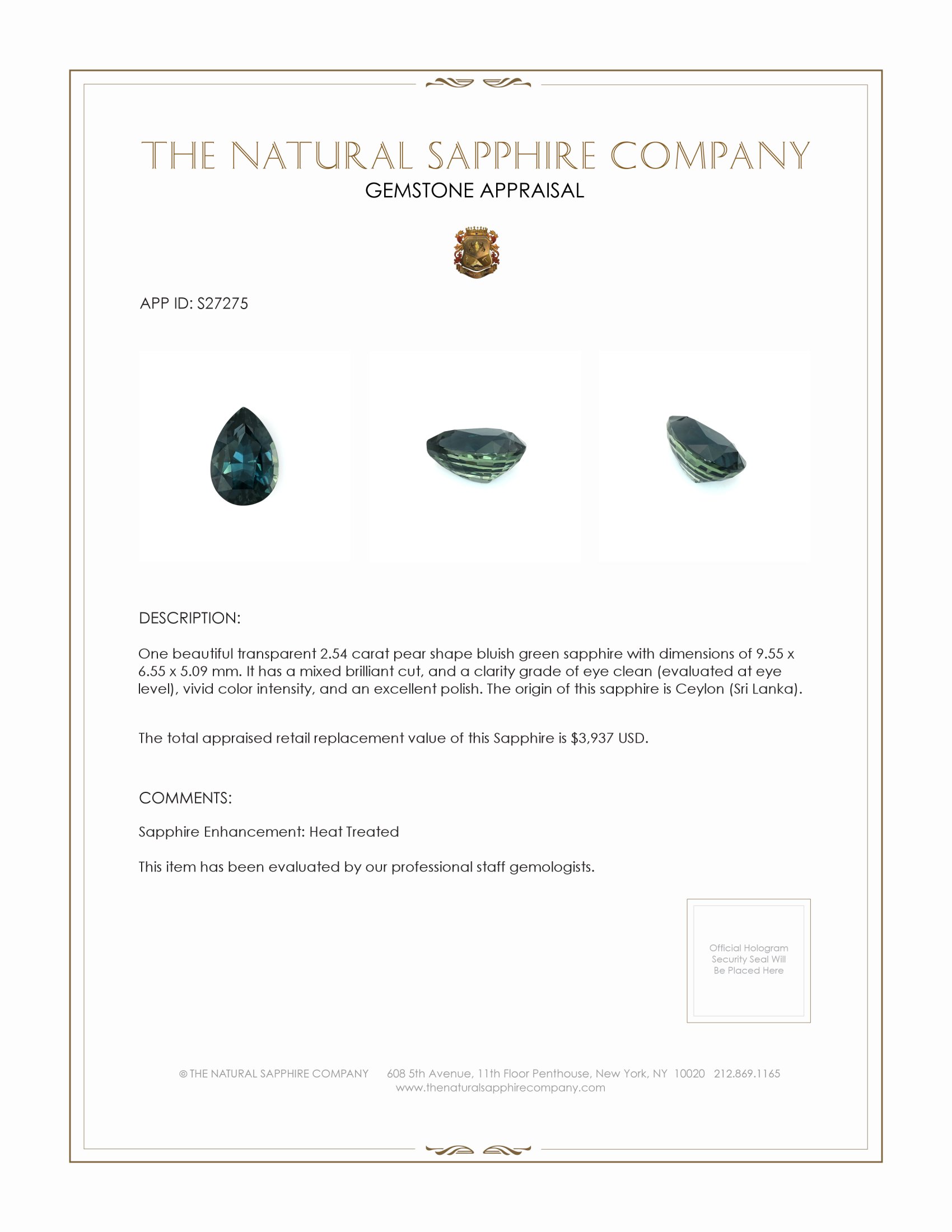 2.54 Ct. Bluish Green Sapphire from Ceylon (Sri Lanka)