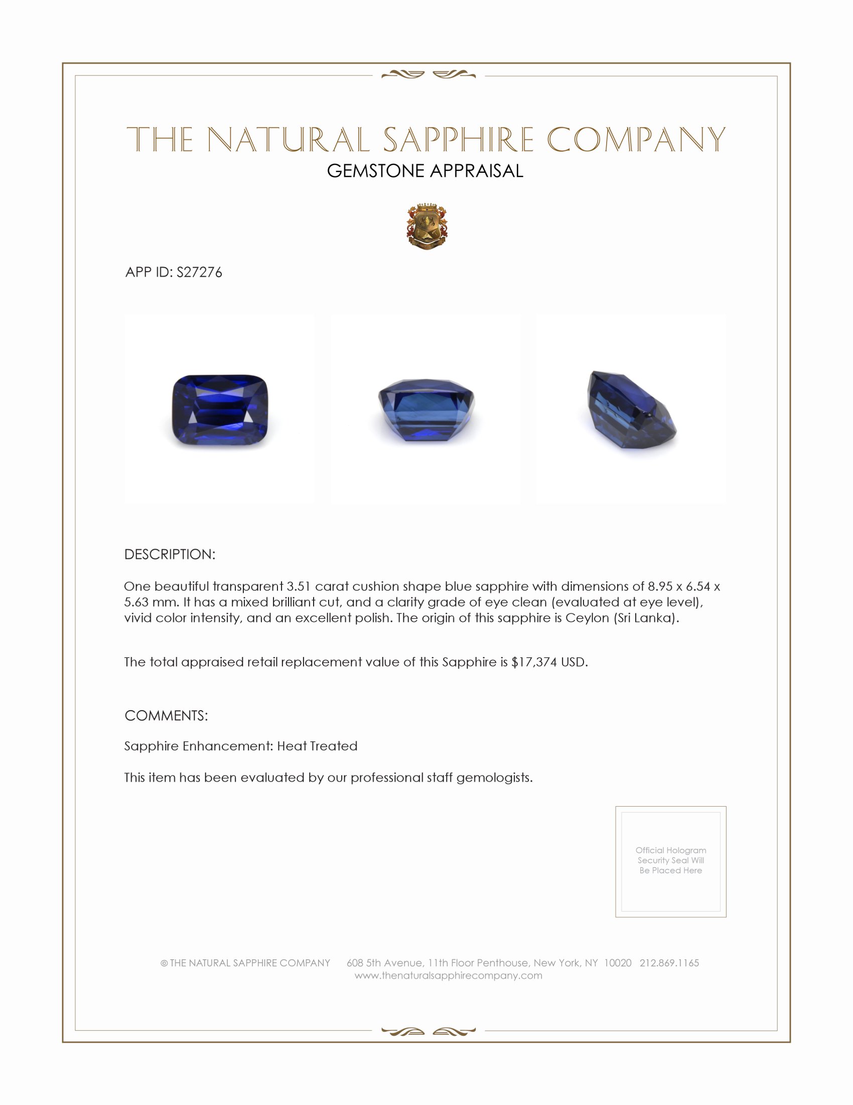 3.51 Ct. Blue Sapphire from Ceylon (Sri Lanka)