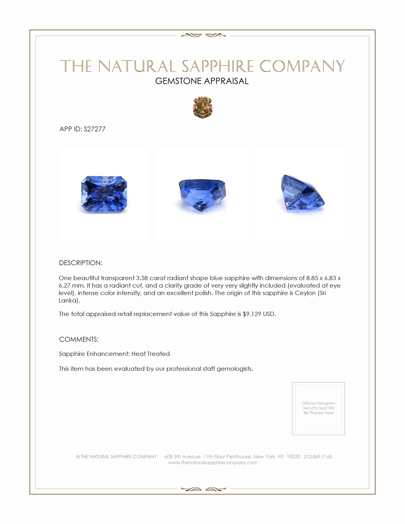 3.58 Ct. Blue Sapphire from Ceylon (Sri Lanka)
