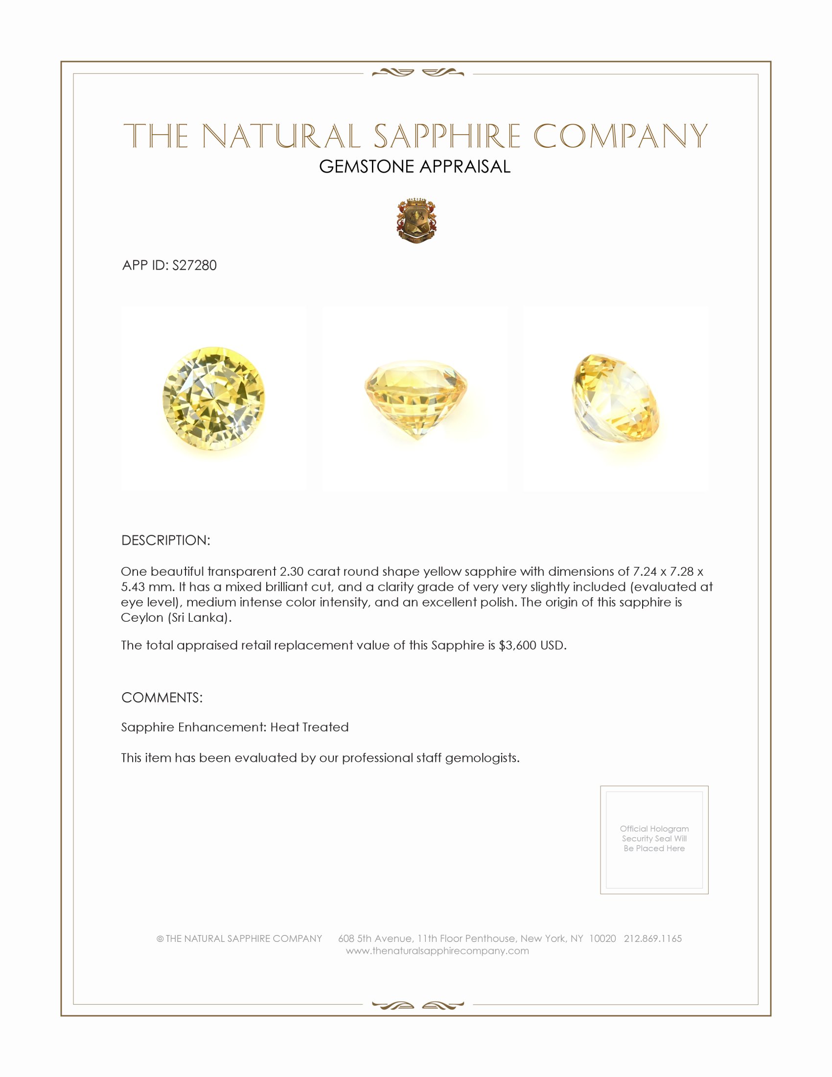 2.30 Ct. Yellow Sapphire from Ceylon (Sri Lanka)