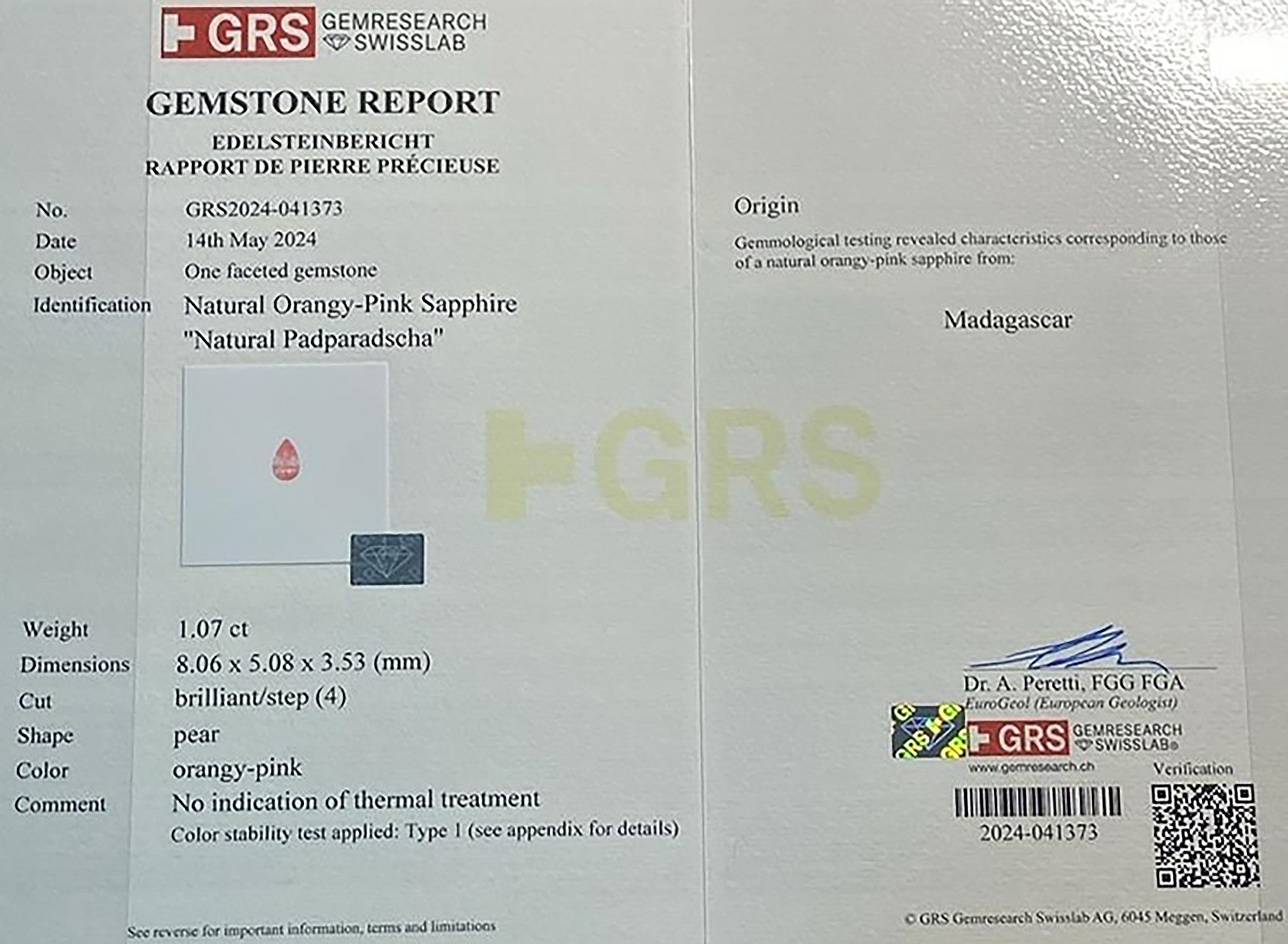 1.07 Ct. Padparadscha Sapphire from Madagascar