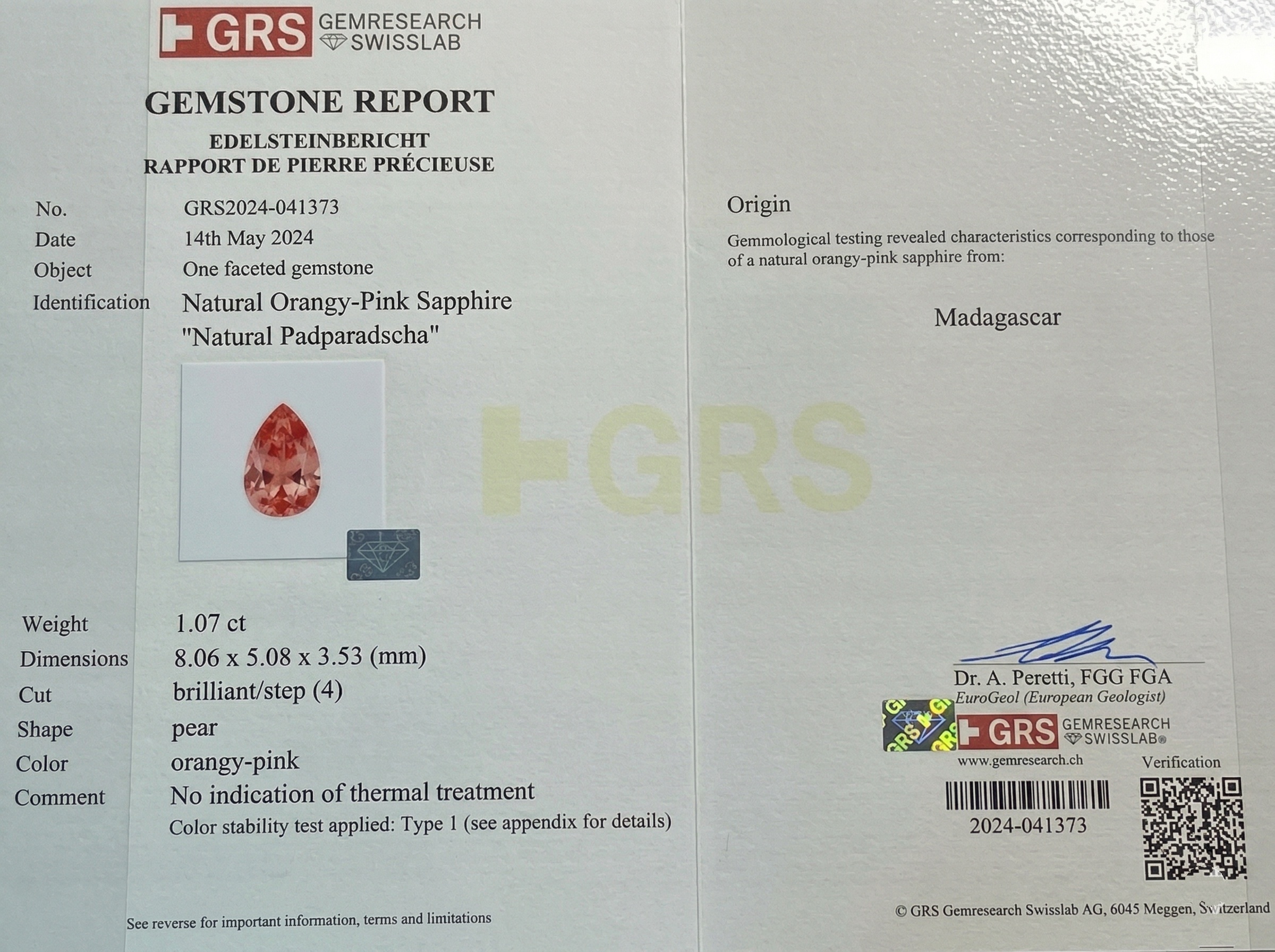 1.07 Ct. Padparadscha Sapphire from Madagascar