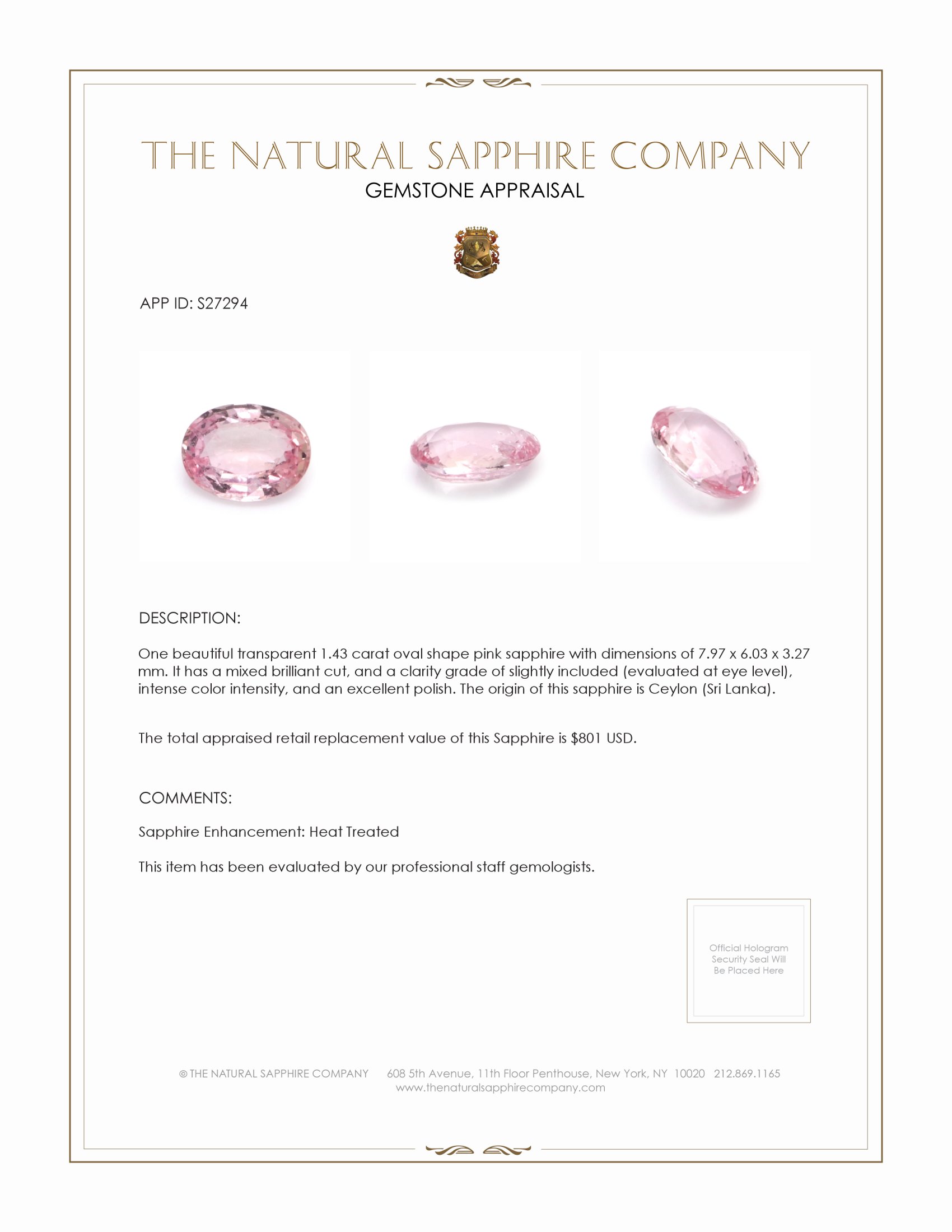 1.43 Ct. Pink Sapphire from Ceylon (Sri Lanka)