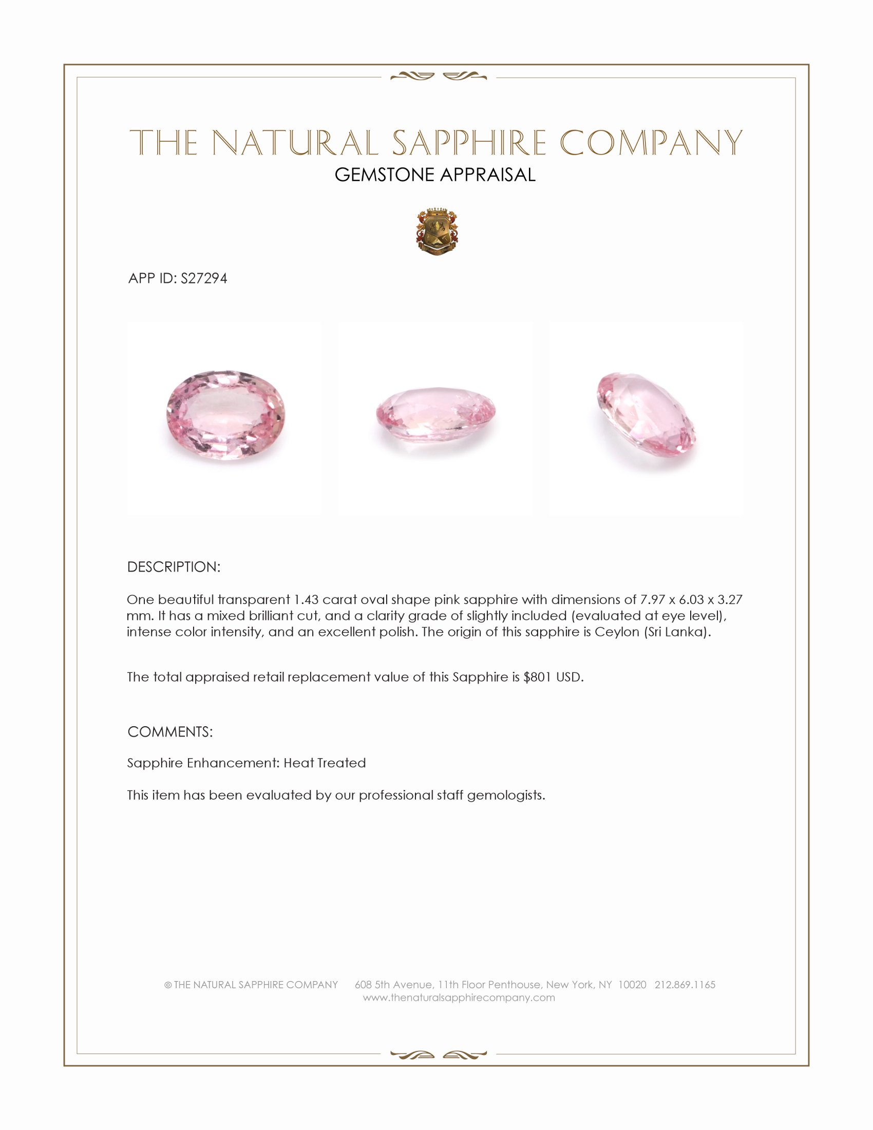 1.43 Ct. Pink Sapphire from Ceylon (Sri Lanka)
