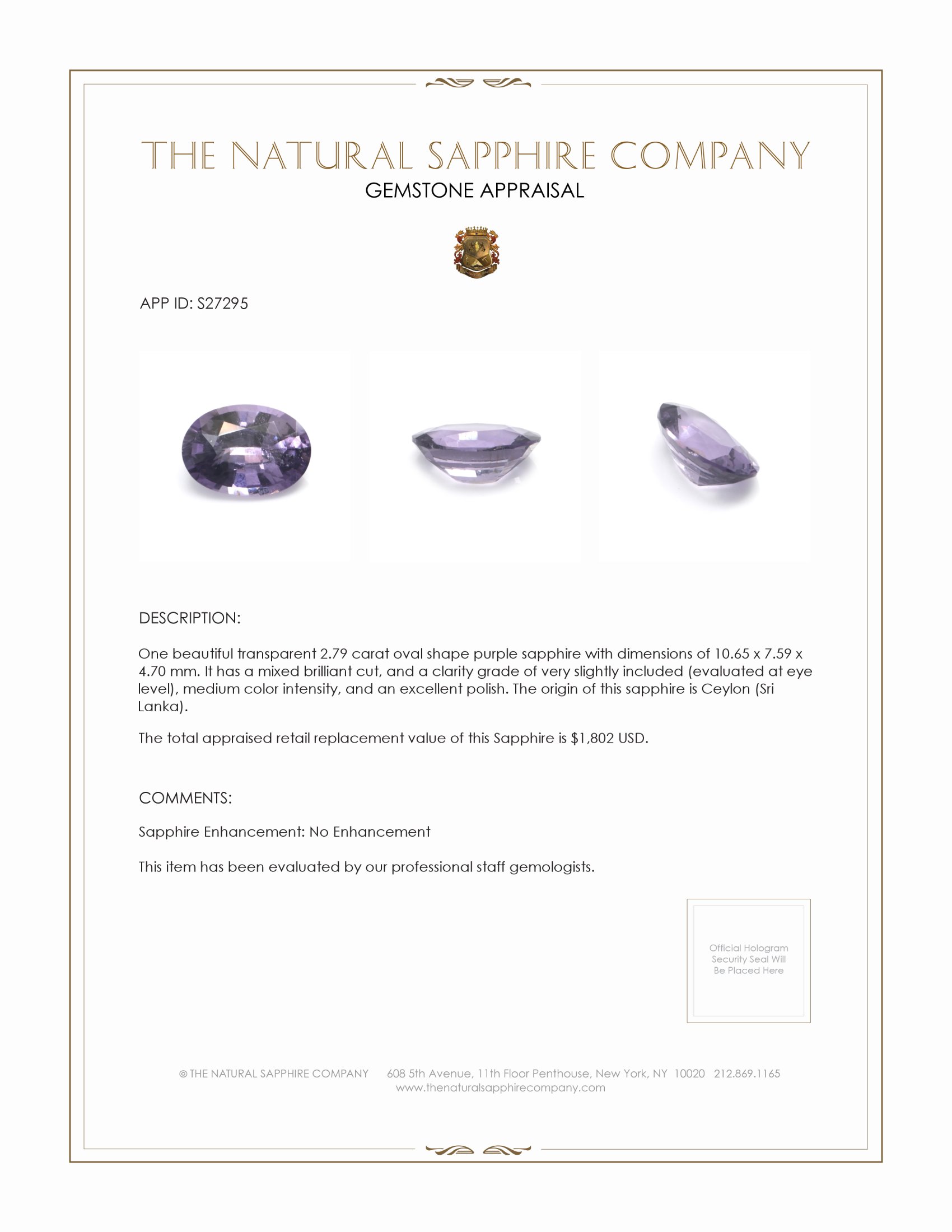2.79 Ct. Purple Sapphire from Ceylon (Sri Lanka)