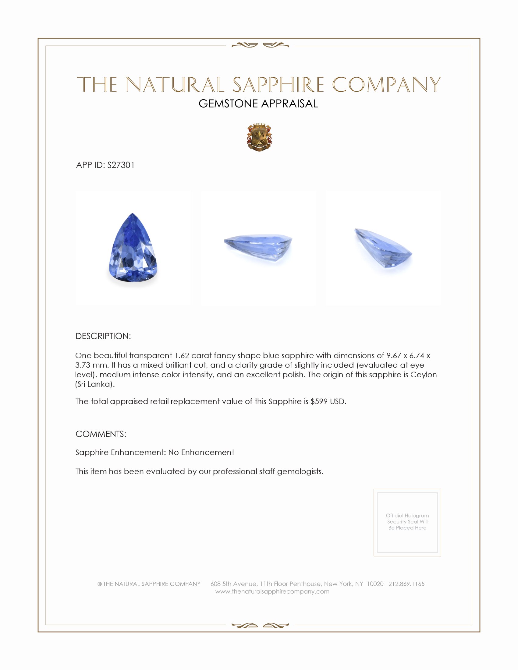 1.62 Ct. Blue Sapphire from Ceylon (Sri Lanka)