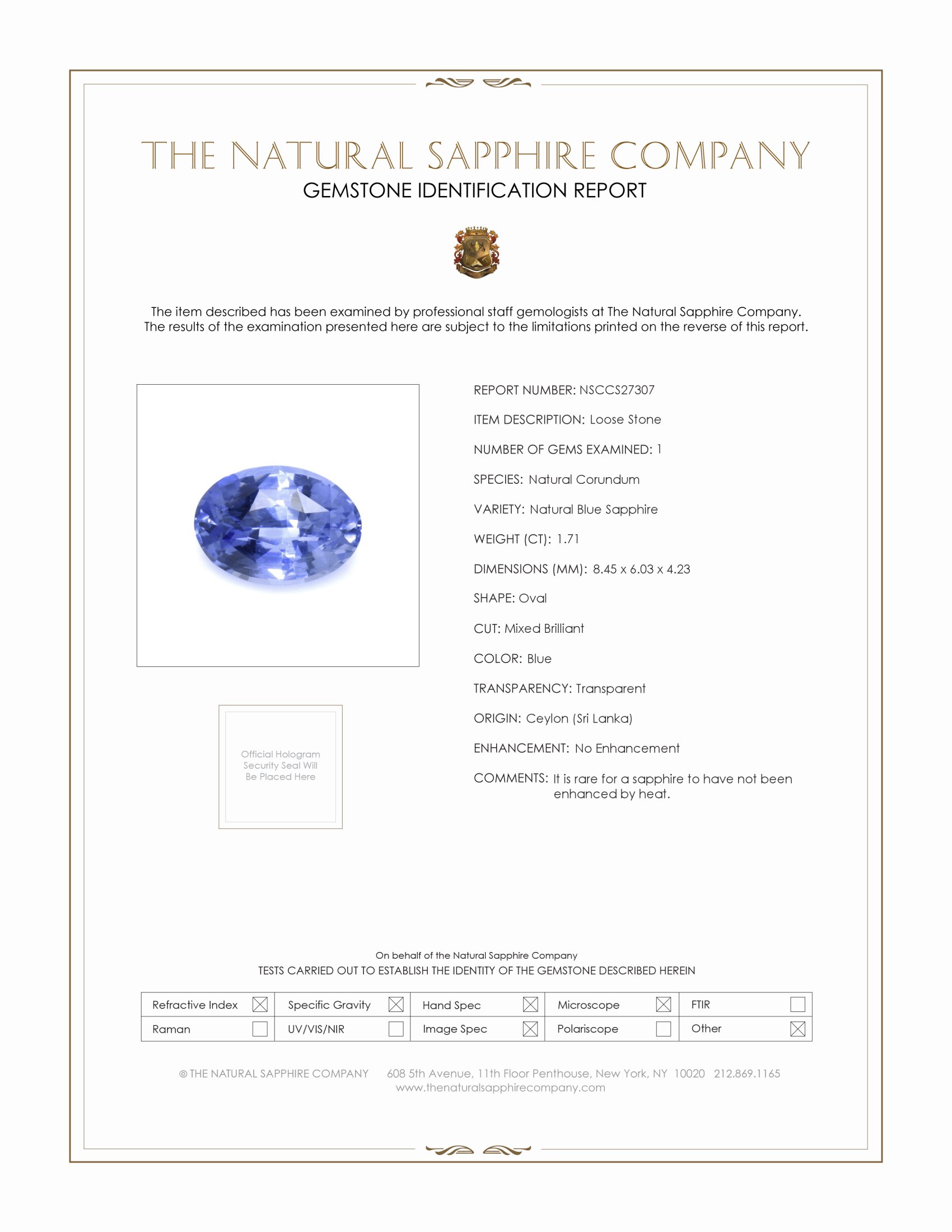 1.71 Ct. Blue Sapphire from Ceylon (Sri Lanka)