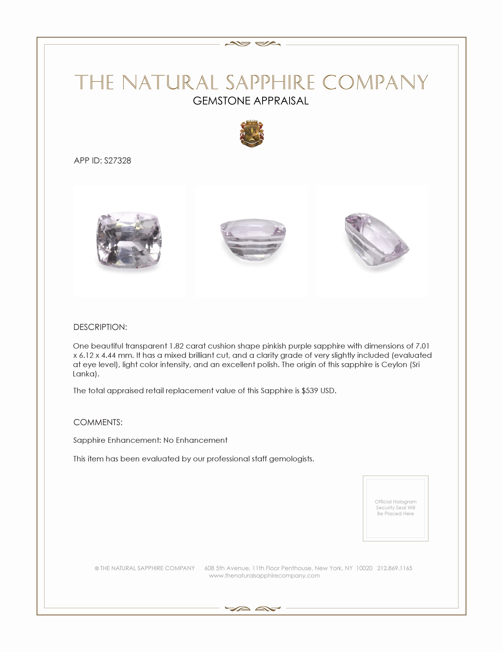 1.82 Ct. Pinkish Purple Sapphire from Ceylon (Sri Lanka)