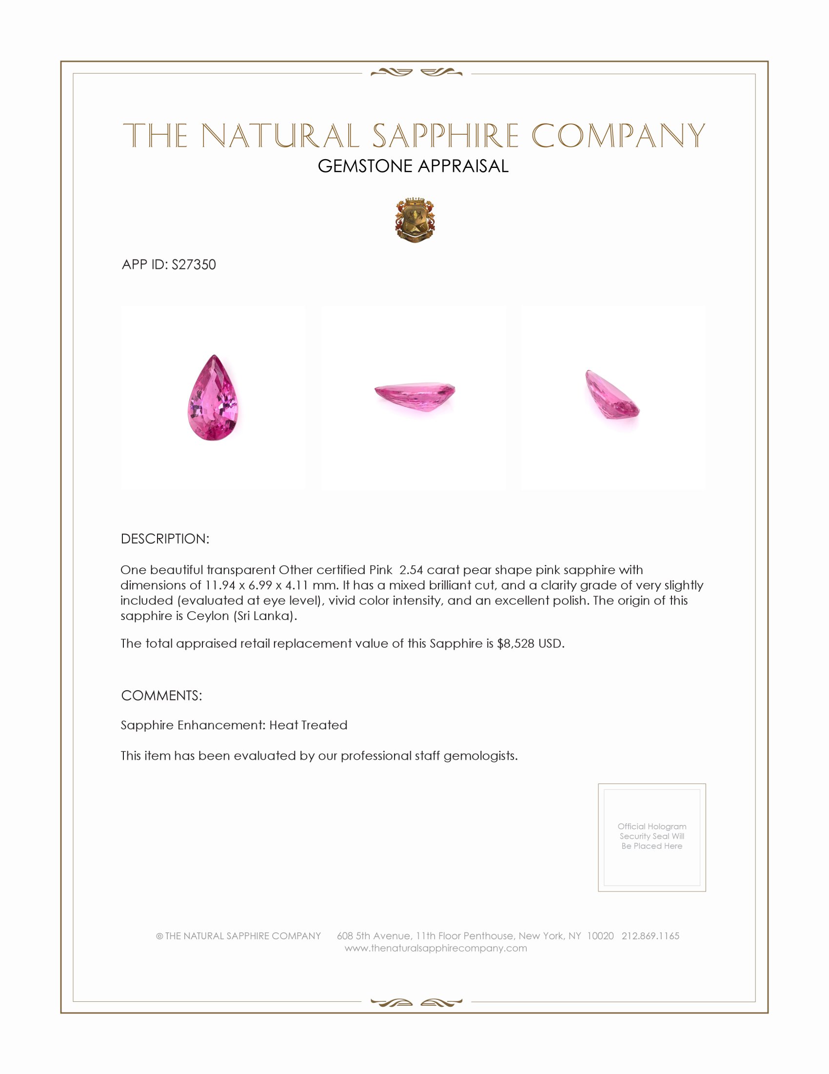 2.54 Ct. Pink Sapphire from Ceylon (Sri Lanka)