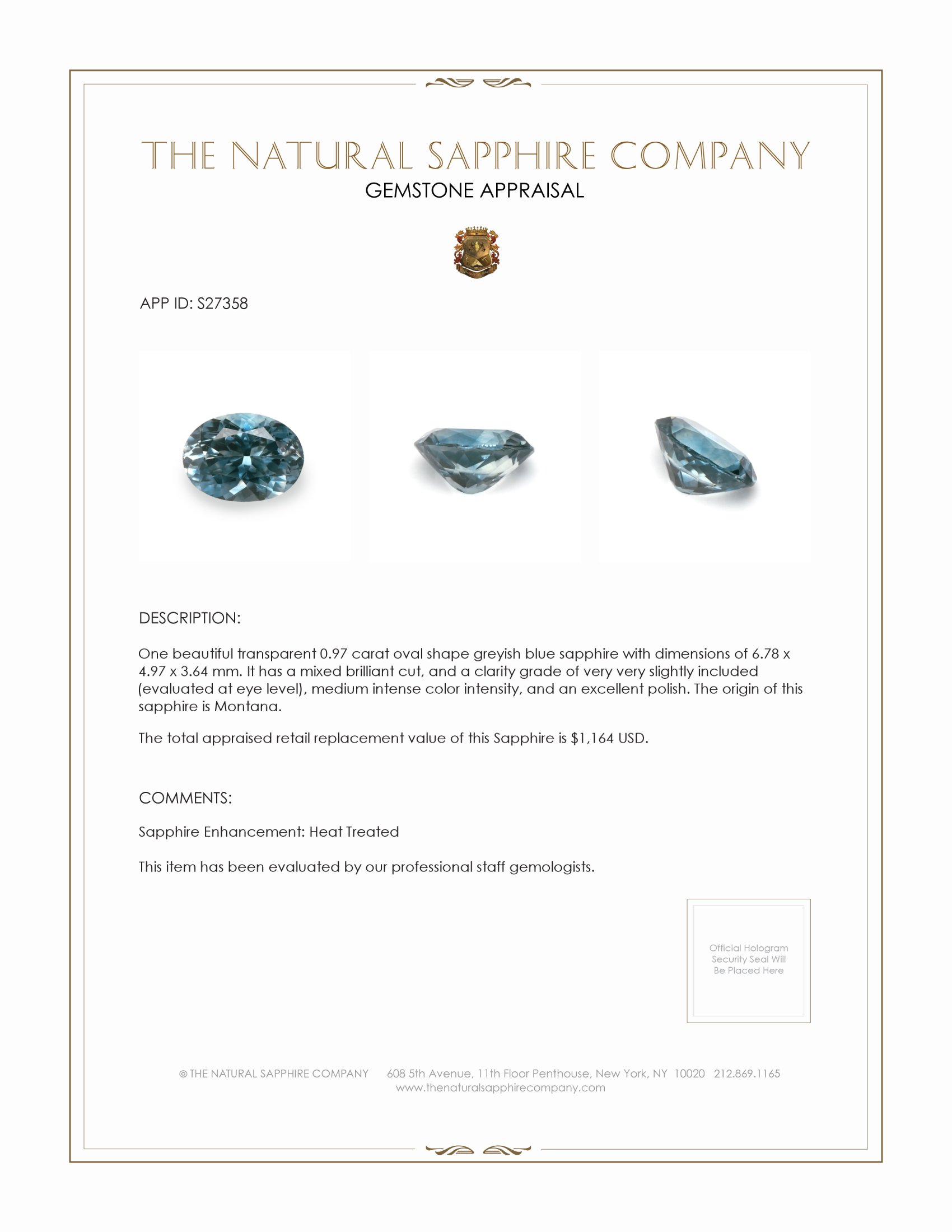 0.97 Ct. Greenish Blue Sapphire from Montana