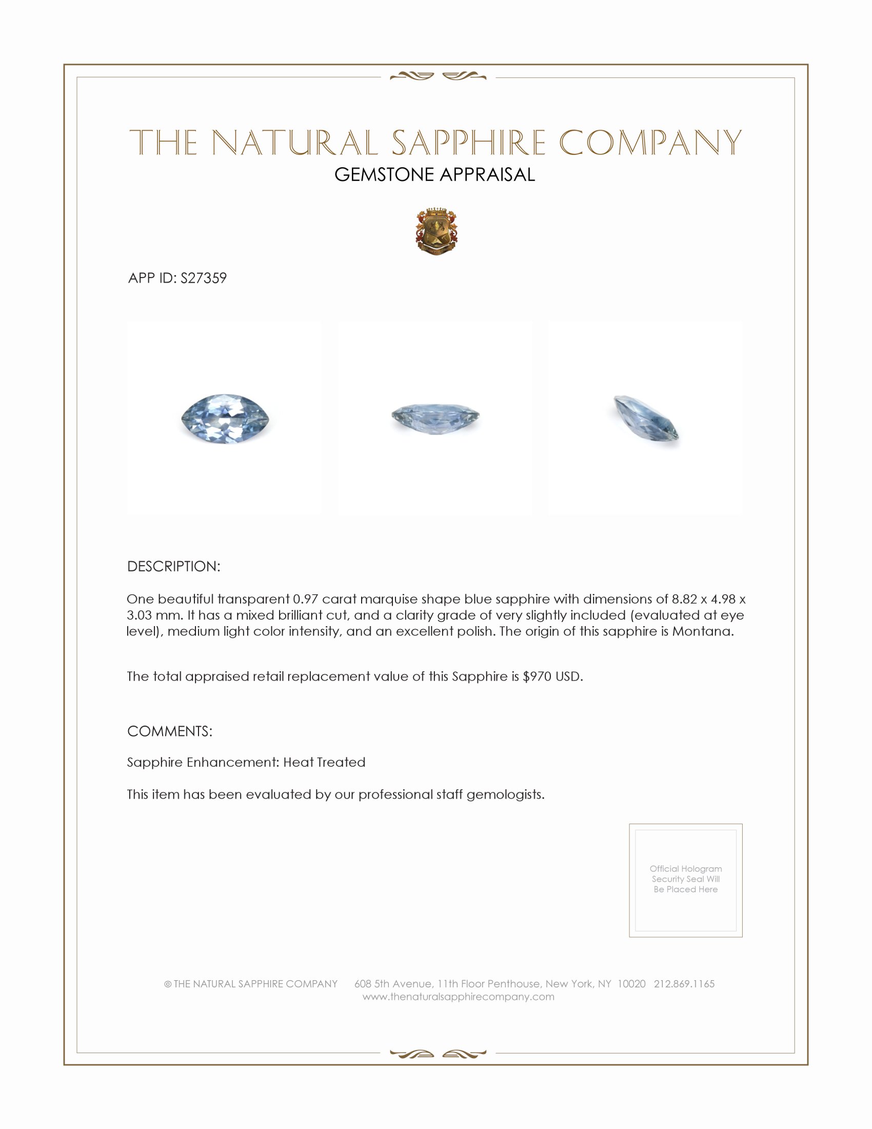 0.97 Ct. Blue Sapphire from Montana