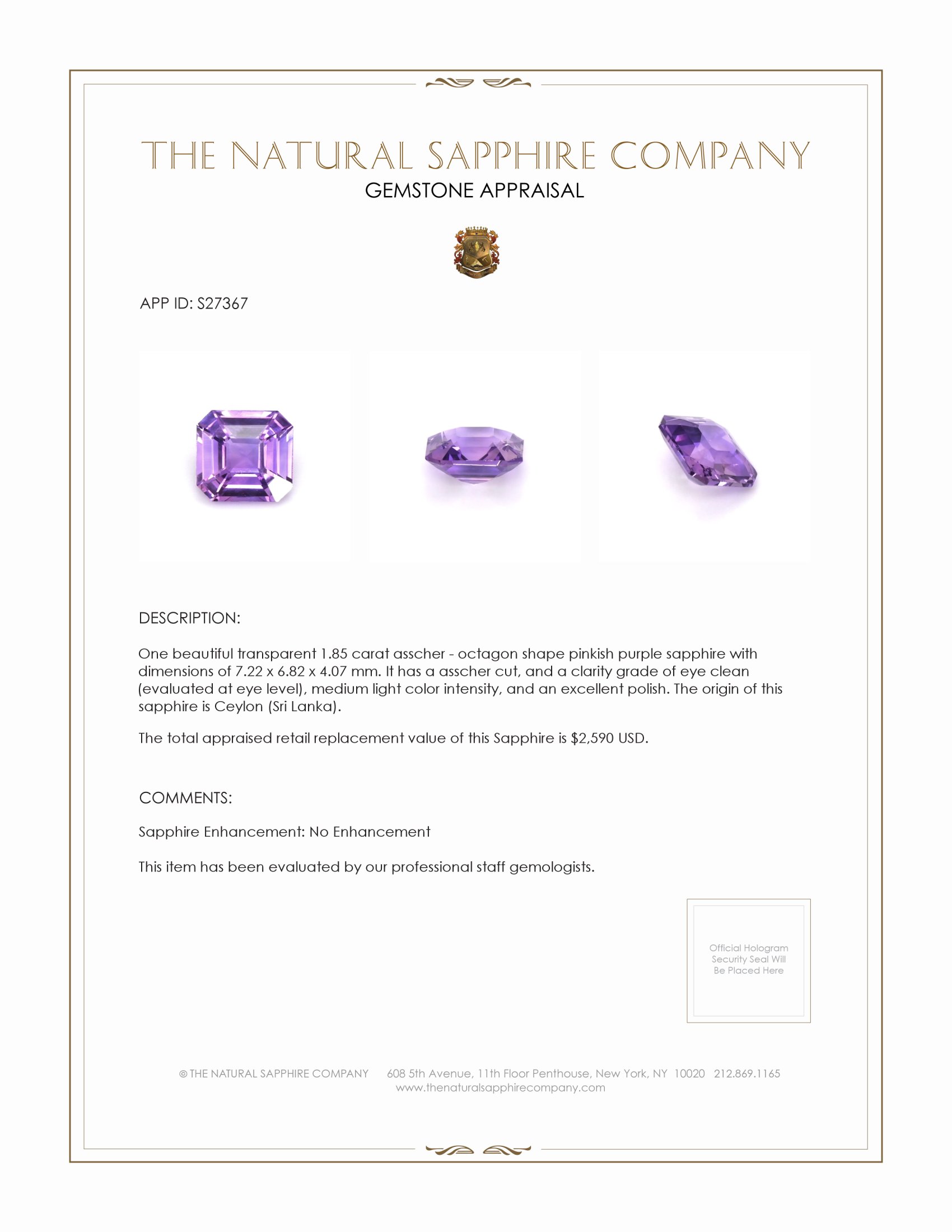 1.85 Ct. Pinkish Purple Sapphire from Ceylon (Sri Lanka)