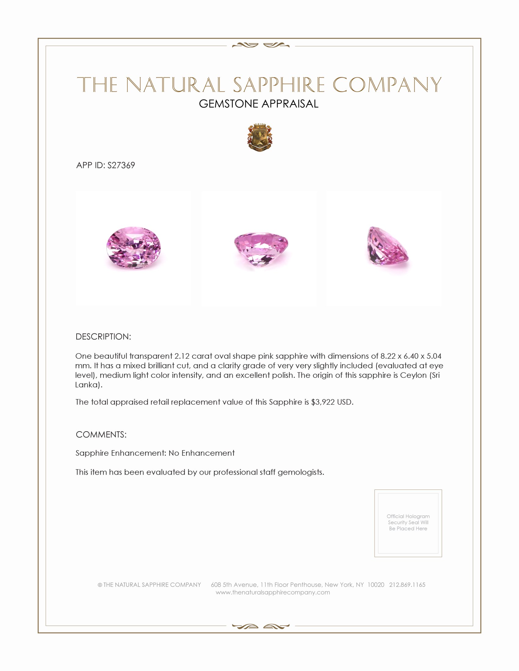 2.12 Ct. Pink Sapphire from Ceylon (Sri Lanka)