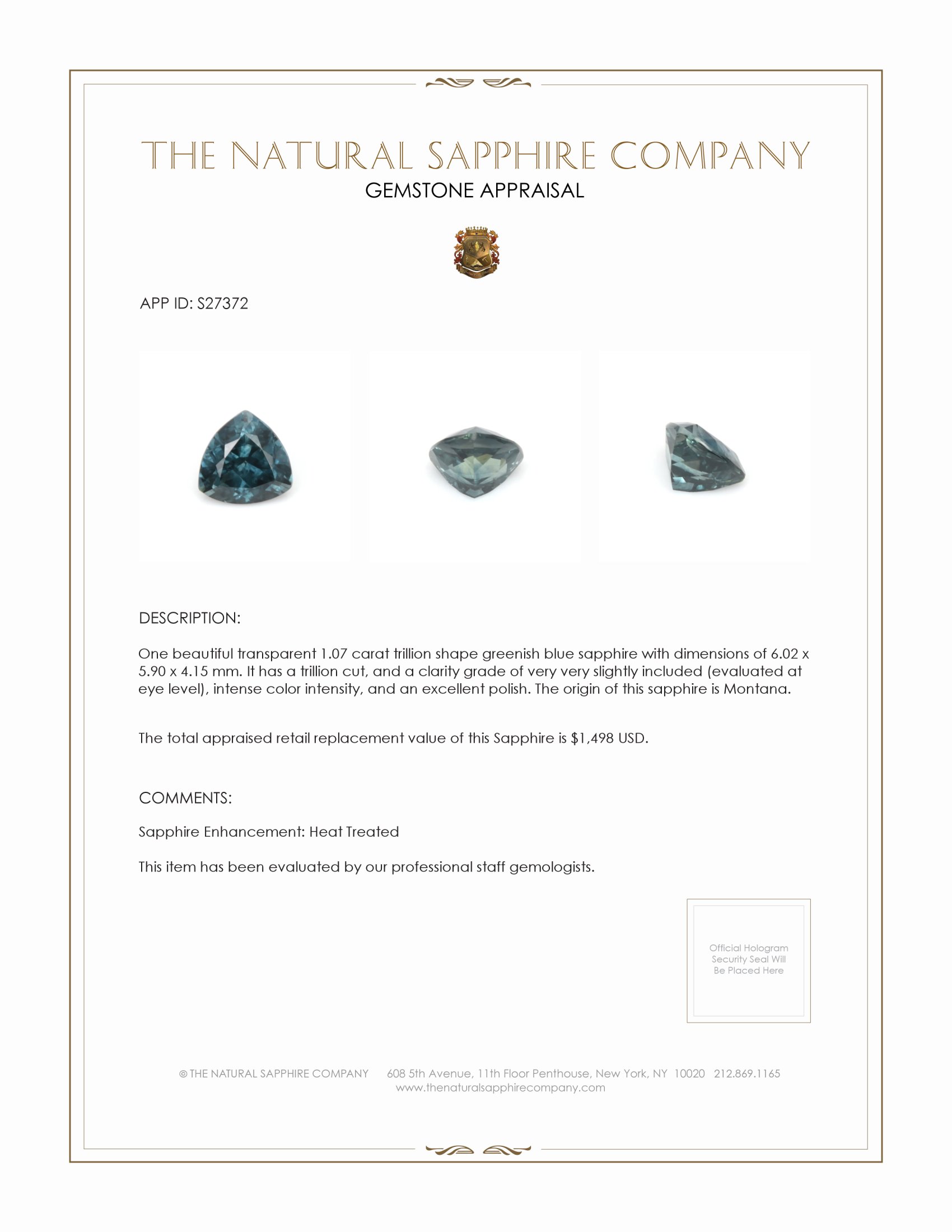 1.07 Ct. Greenish Blue Sapphire from Montana