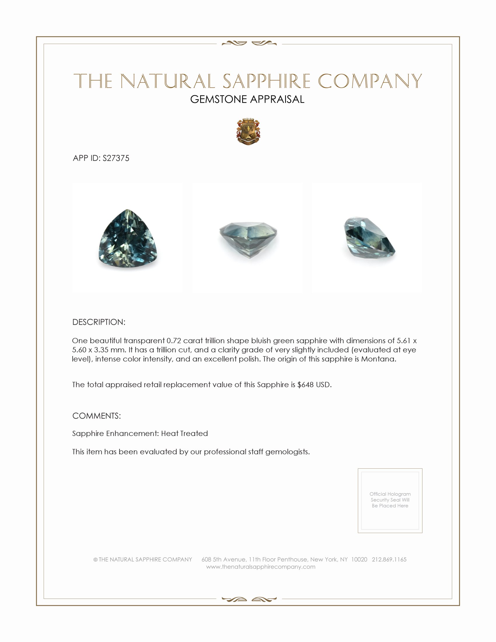 0.72 Ct. Bluish Green Sapphire from Montana
