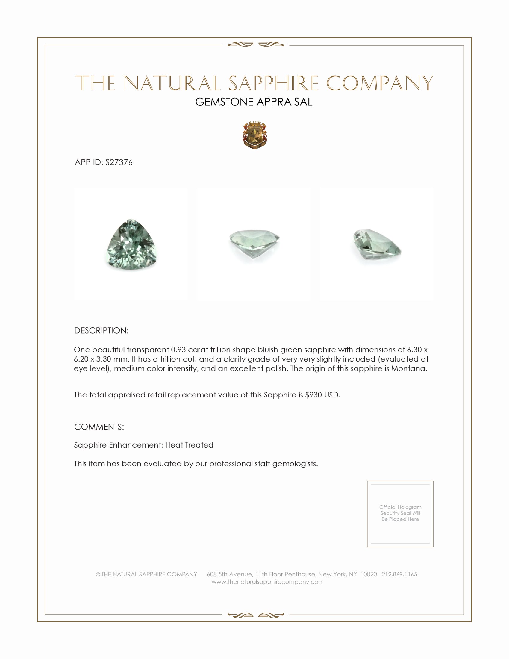 0.93 Ct. Bluish Green Sapphire from Montana