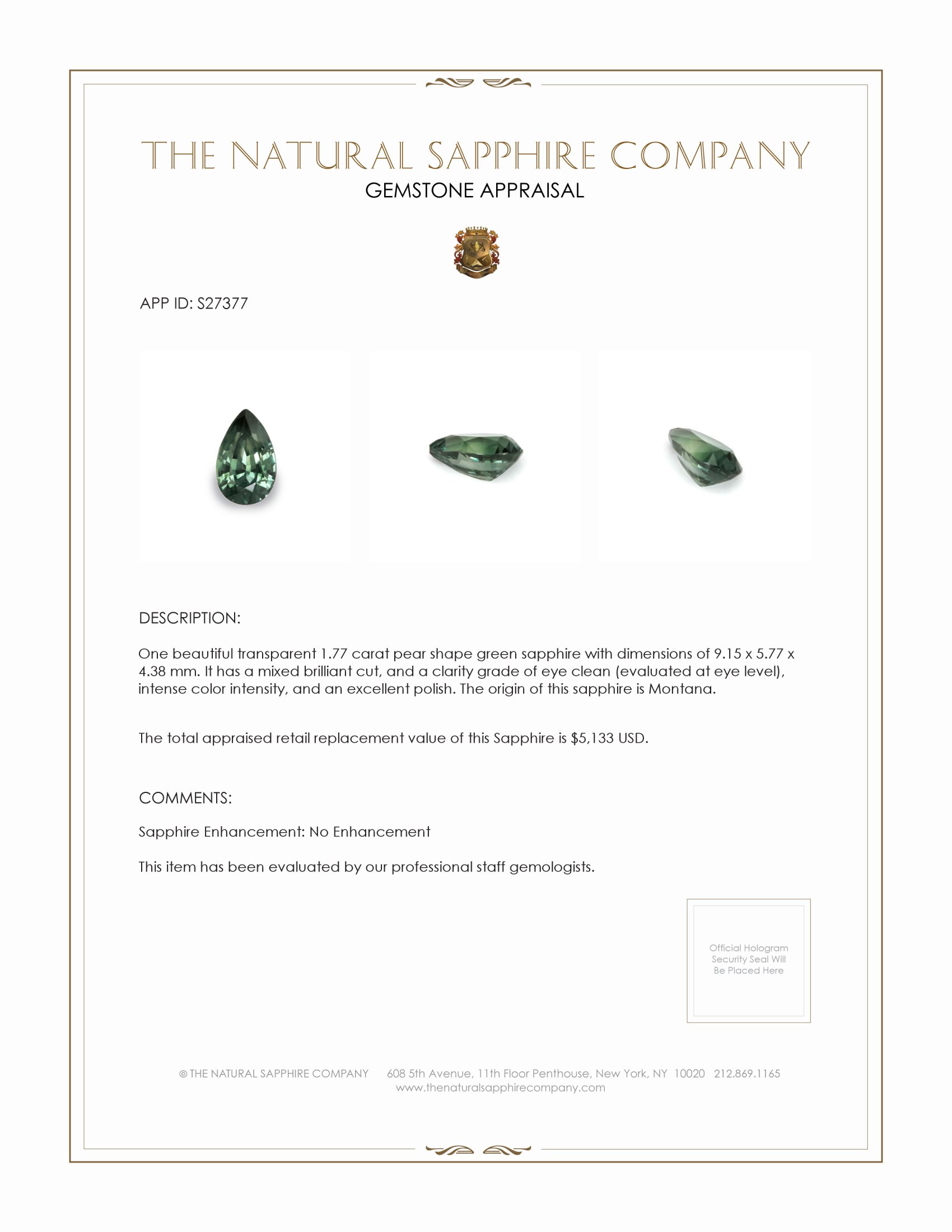 1.77 Ct. Green Sapphire from Montana