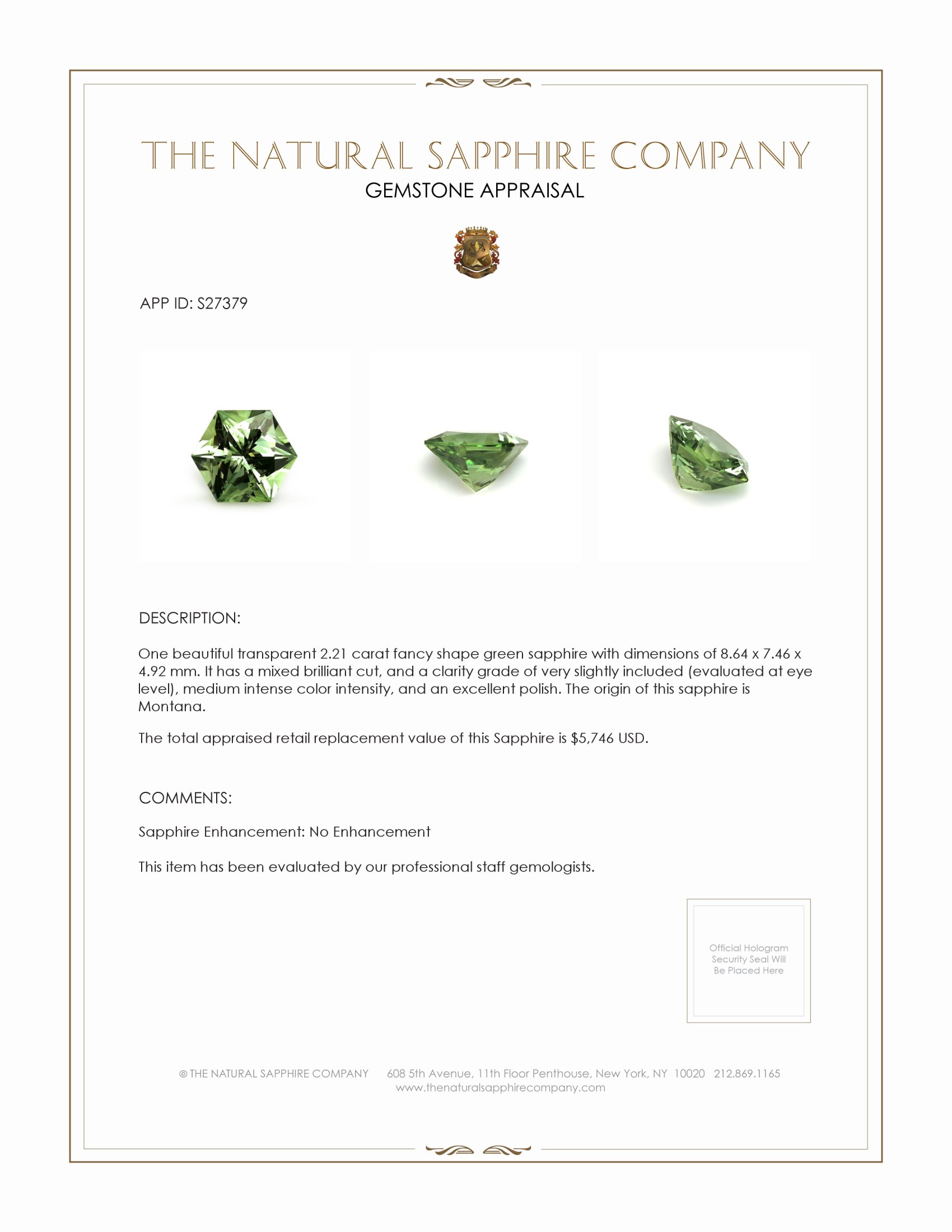 2.21 Ct. Green Sapphire from Montana
