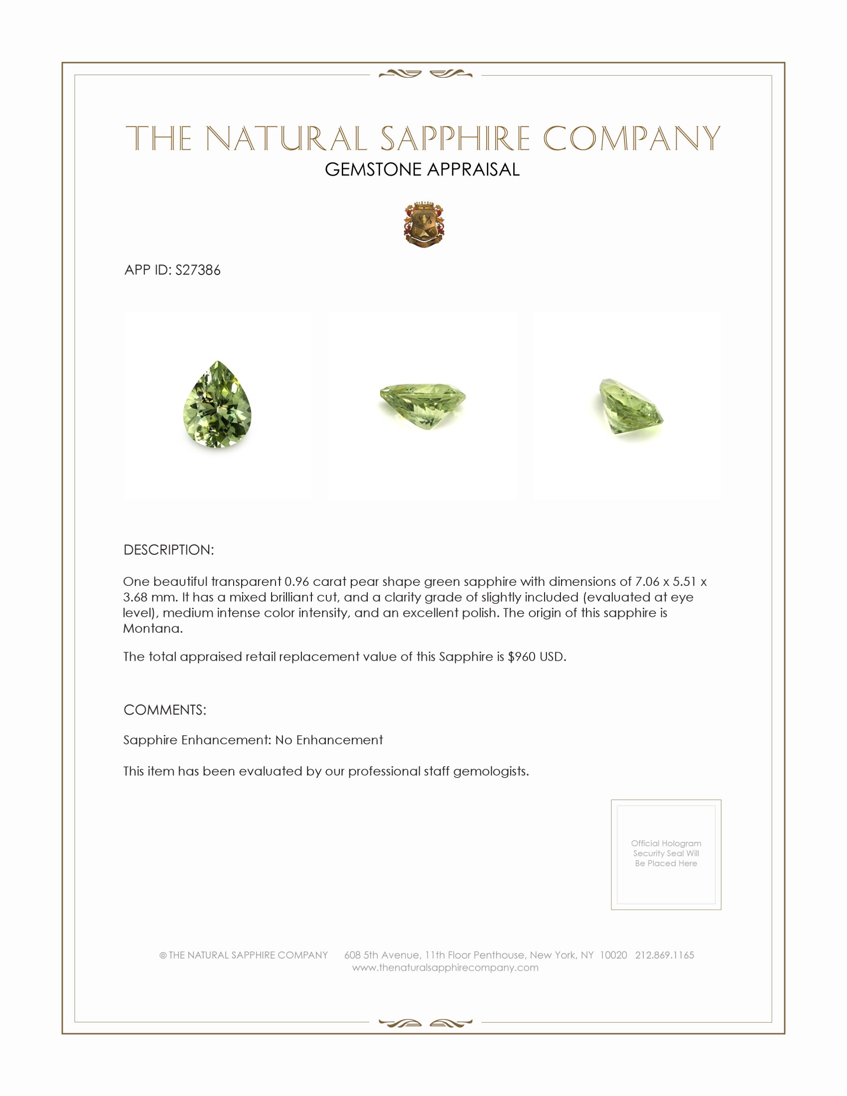 0.96 Ct. Green Sapphire from Montana