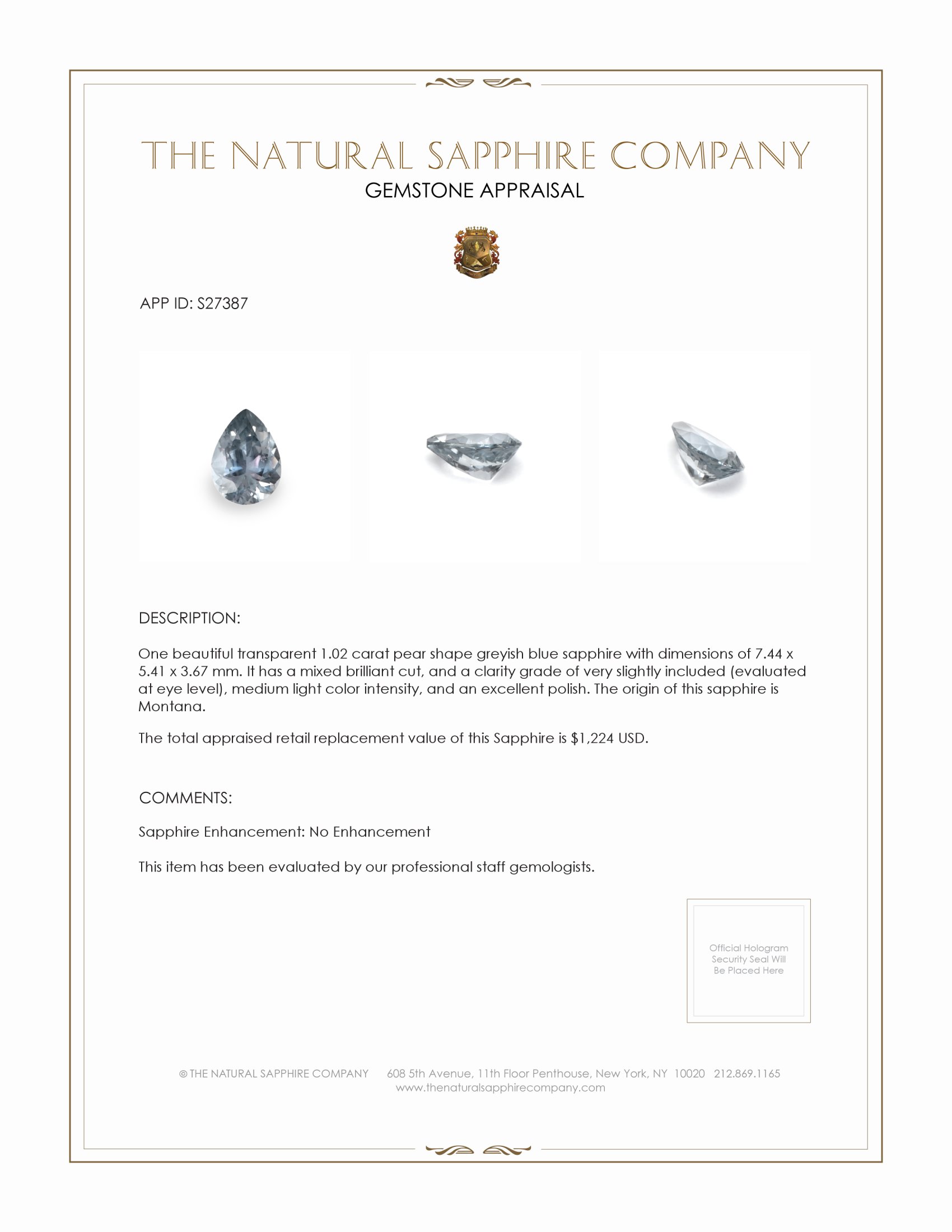 1.02 Ct. Greyish Blue Sapphire from Montana