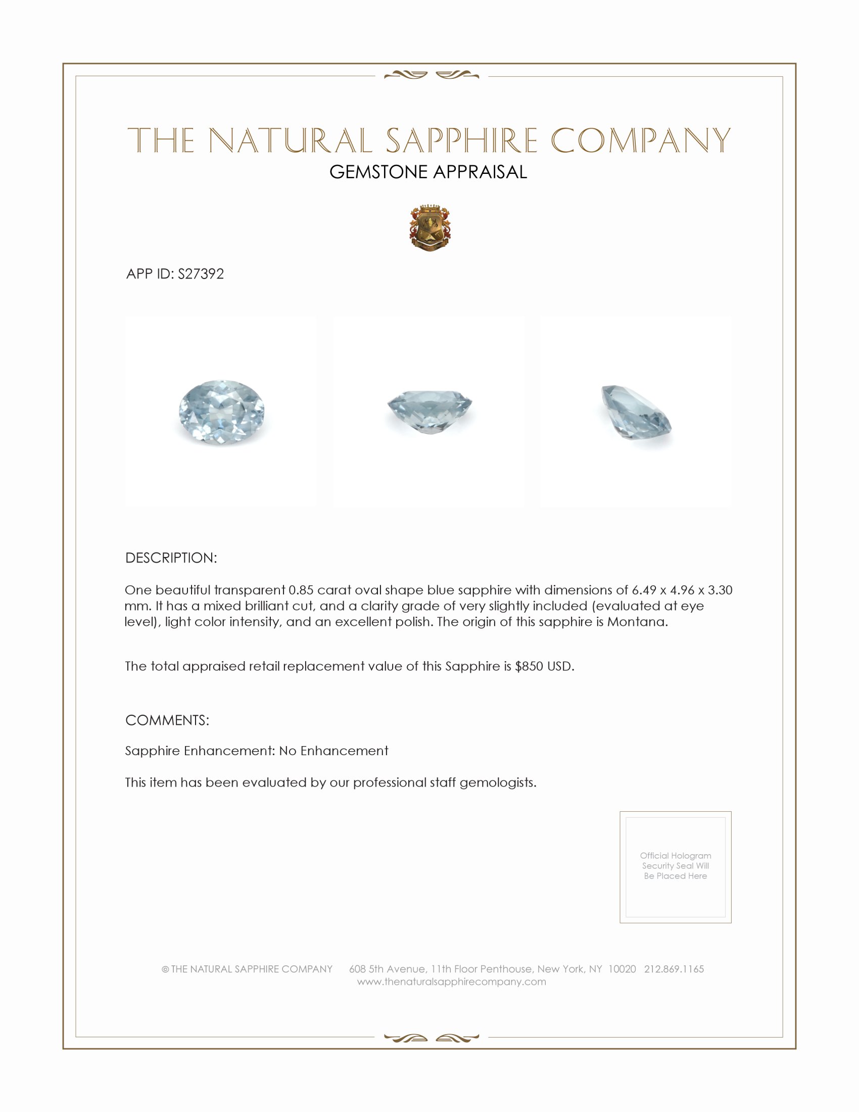 0.85 Ct. Blue Sapphire from Montana