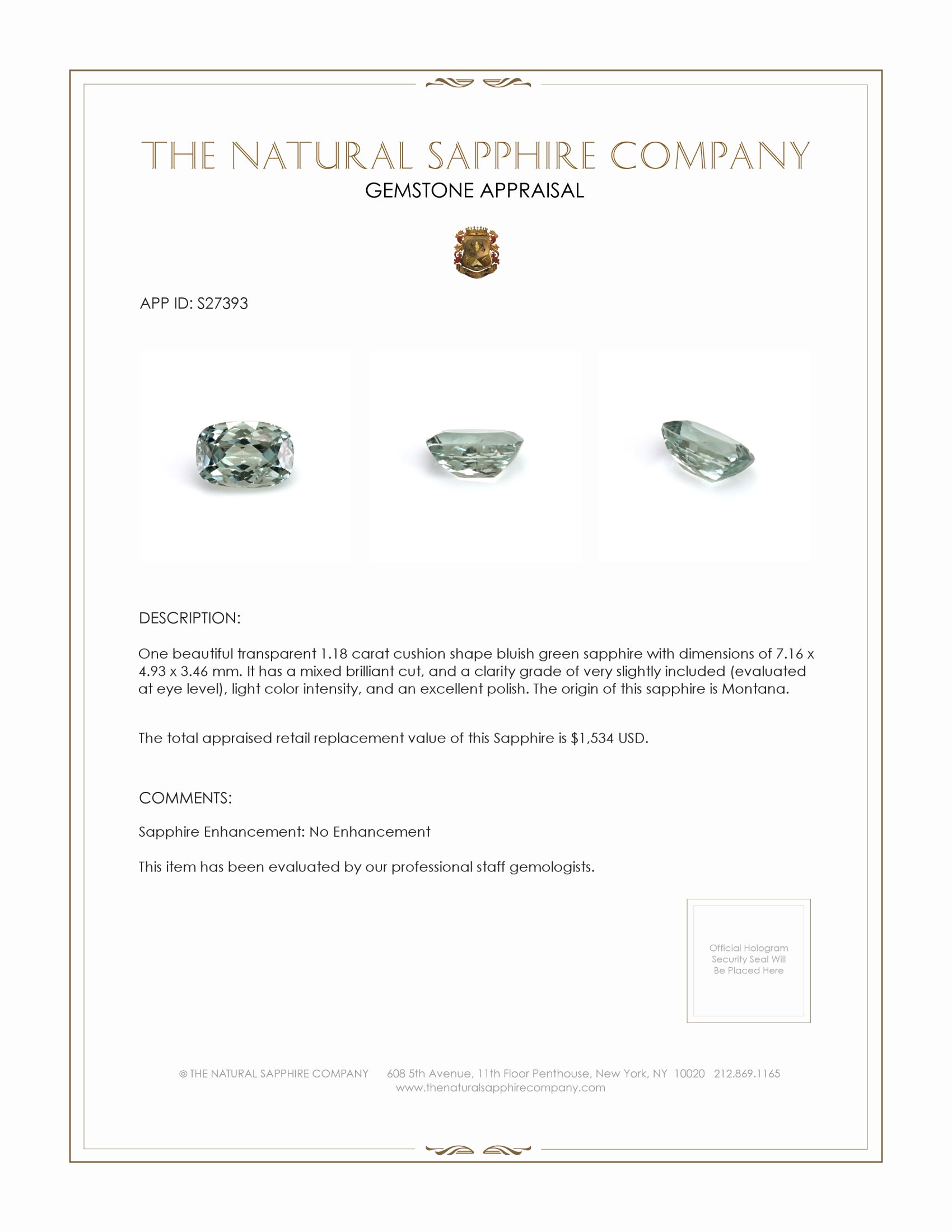1.18 Ct. Bluish Green Sapphire from Montana