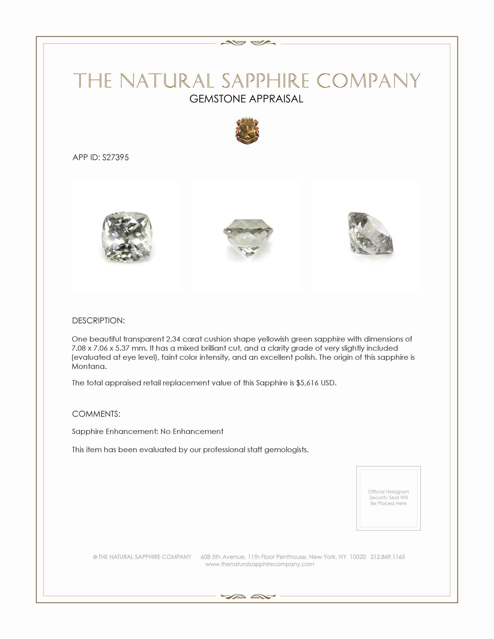2.34 Ct. Yellowish Green Sapphire from Montana