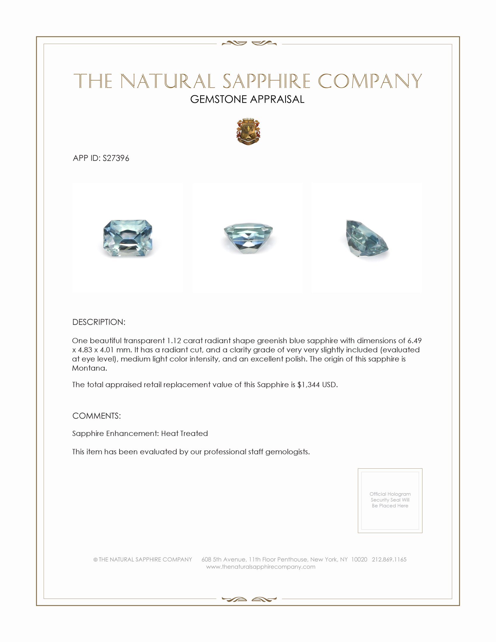 1.12 Ct. Greenish Blue Sapphire from Montana