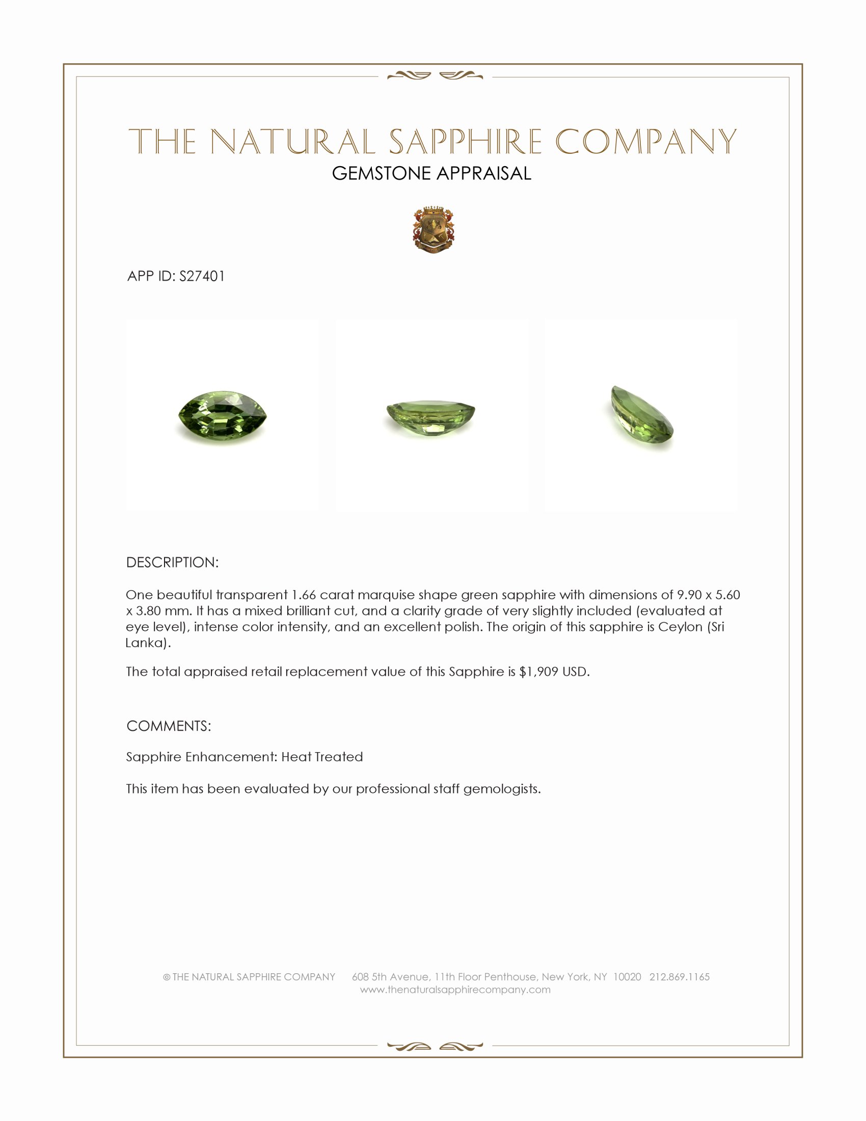 1.66 Ct. Green Sapphire from Ceylon (Sri Lanka)
