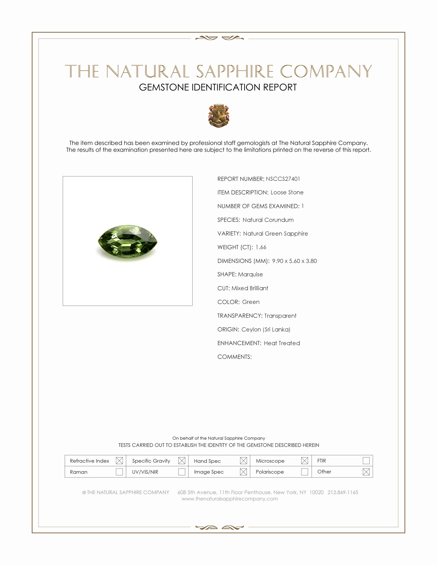 1.66 Ct. Green Sapphire from Ceylon (Sri Lanka)