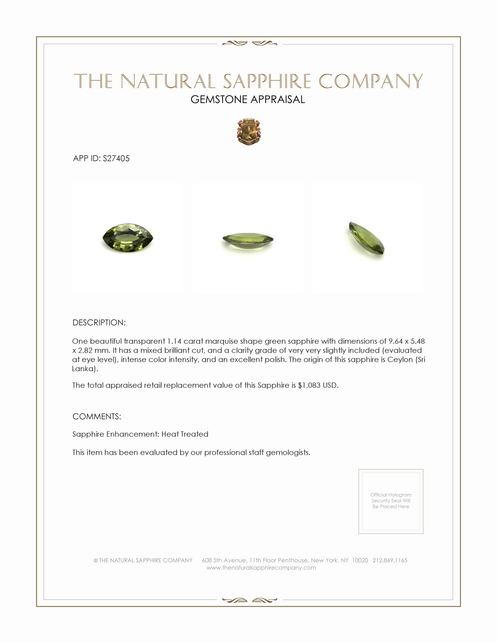 1.14 Ct. Green Sapphire from Ceylon (Sri Lanka)