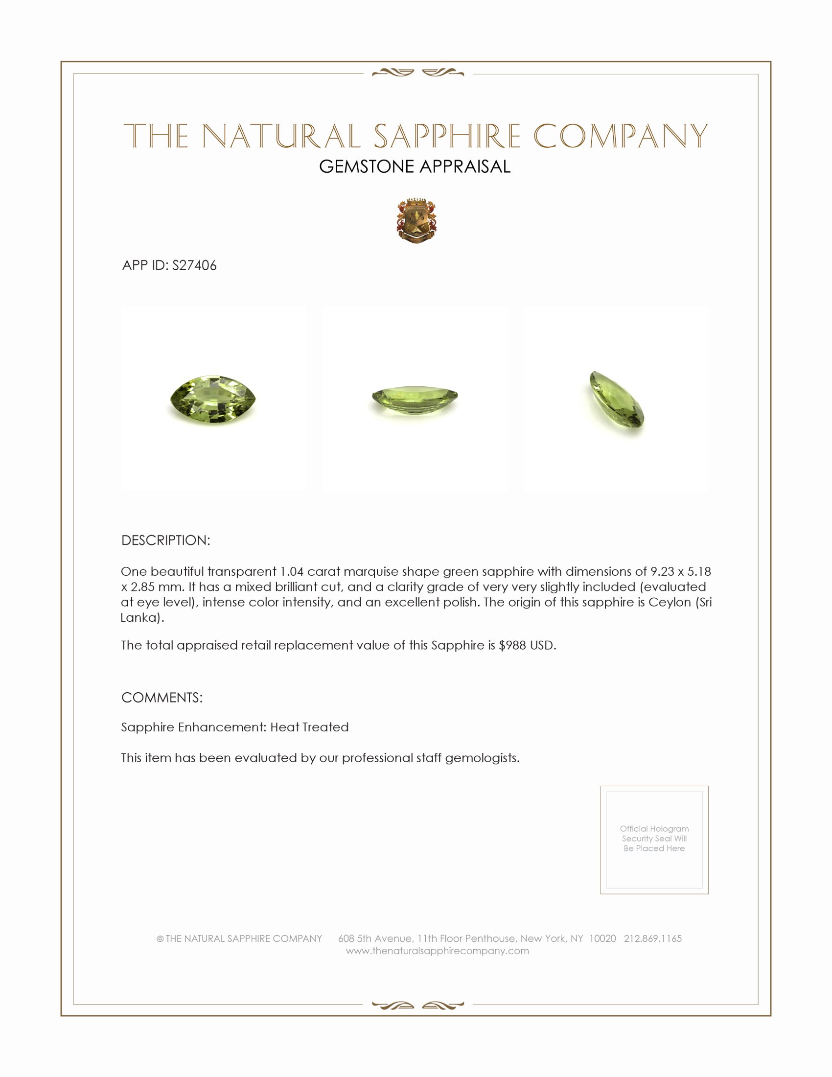 1.04 Ct. Green Sapphire from Ceylon (Sri Lanka)