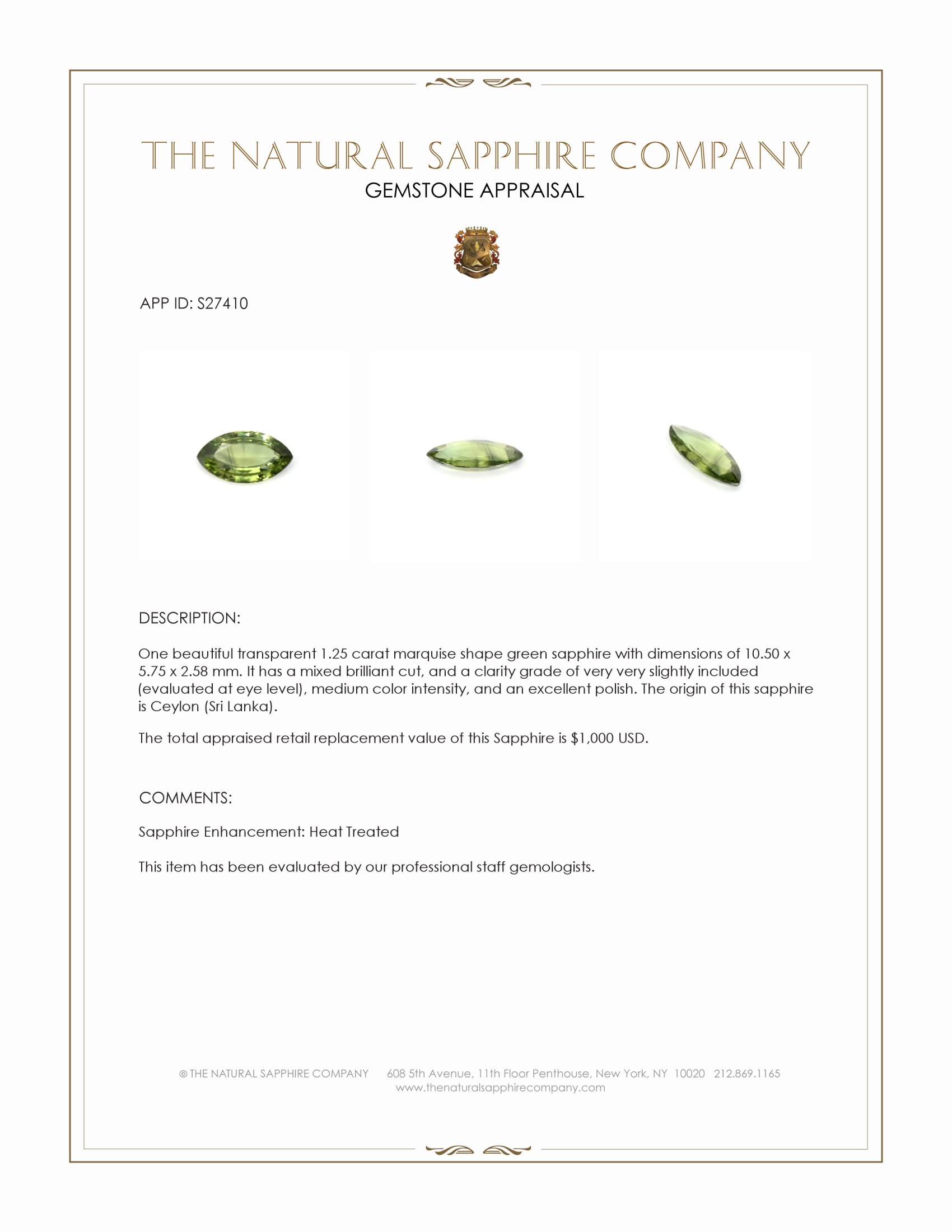 1.25 Ct. Green Sapphire from Ceylon (Sri Lanka)