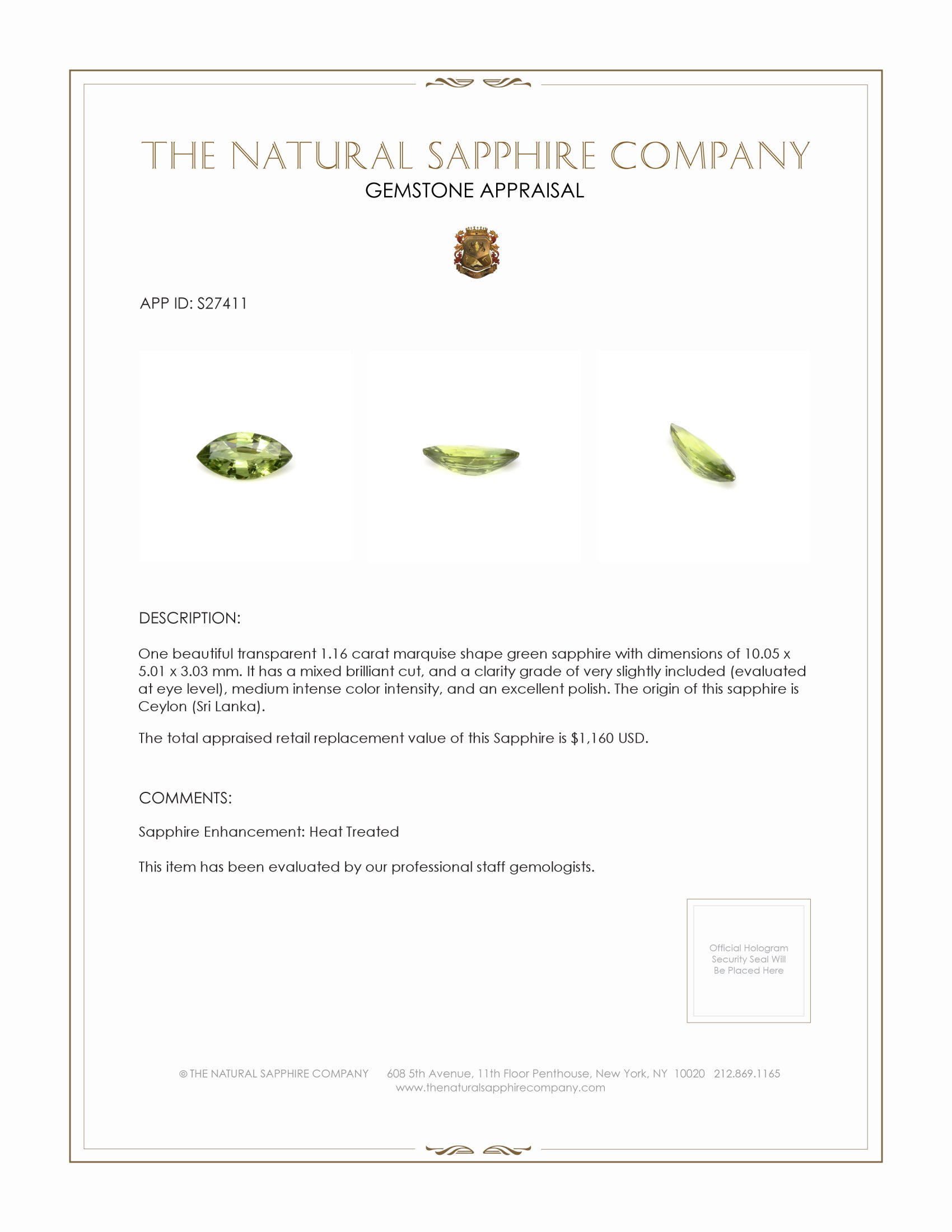 1.16 Ct. Green Sapphire from Ceylon (Sri Lanka)