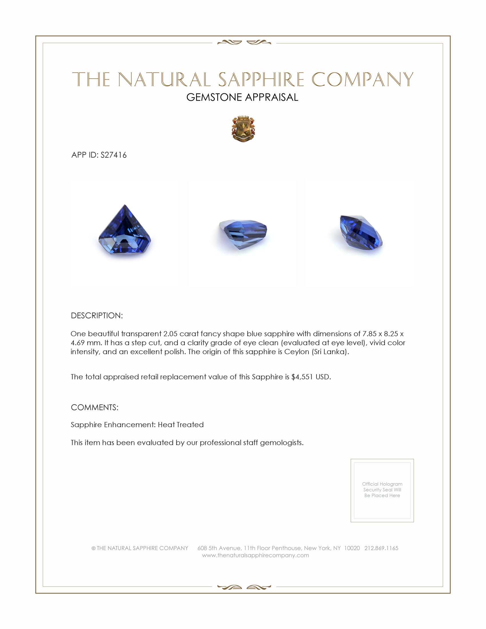 2.05 Ct. Blue Sapphire from Ceylon (Sri Lanka)