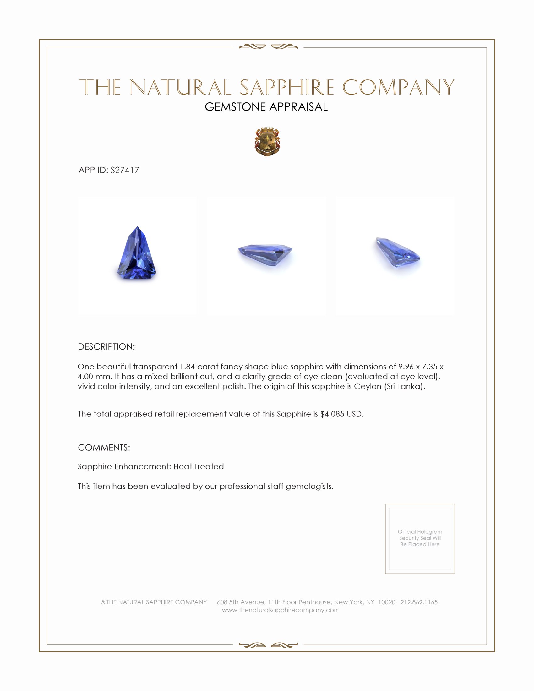 1.84 Ct. Blue Sapphire from Ceylon (Sri Lanka)